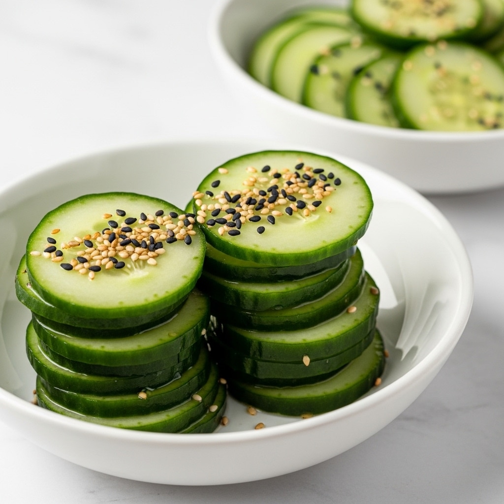 The image shows thinly sliced cucumber pieces arranged in a white bowl, stacked in two visible layers. Each slice is bright green with a shiny, wet look, sprinkled evenly with a mix of small black and white sesame seeds. The cucumbers appear fresh and glossy, keeping a smooth texture with slightly browned sesame seeds adding small dots of contrast. A second white bowl with the same cucumber slices and sesame seeds is slightly blurred in the background, all set on a white marbled surface. photo taken with an iphone --ar 4:5 --v 7