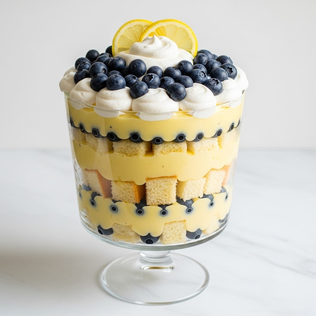 The image shows a layered dessert served on a stack of three white plates. The dessert includes a bottom layer of light yellow cake pieces, followed by a layer of creamy lemon custard with whole blueberries mixed in, then another layer of light-colored cake, more lemon custard with blueberries, and a final topping of whipped cream with a lemon slice on top. In the background, there is a clear glass trifle dish showing the same layered dessert with visible layers of cake, lemon custard, and blueberries. Around the plate are fresh blueberries in a white container, whole lemons, and lemon slices on a white marbled surface, with a fork and a striped cloth nearby. Photo taken with an iphone --ar 4:5 --v 7