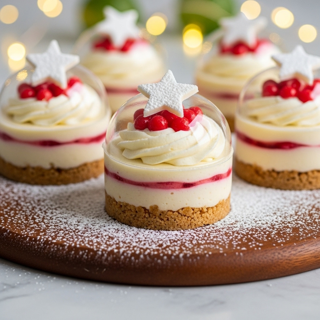 The image shows small round desserts with three clear layers under a transparent dome on top. The bottom layer is crumbly and golden brown, resembling a biscuit base. The middle layer is creamy and white, smooth in texture. Above this, there is a swirl of white cream topped with small shiny red balls and a white star shape dusted with powdered sugar. The desserts are placed on a brown wooden board sprinkled with powdered sugar. The background is slightly blurred with warm yellow lights and some green, all on a white marbled surface. photo taken with an iphone --ar 4:5 --v 7