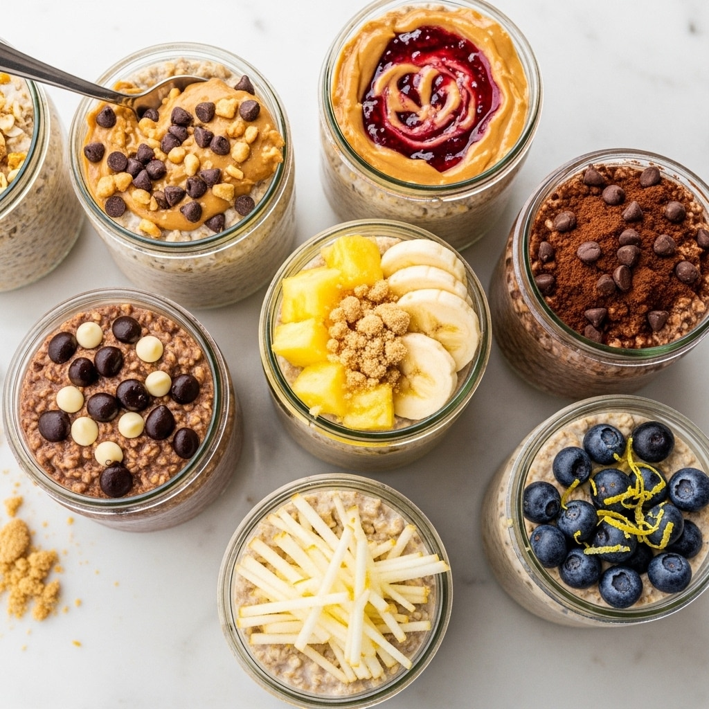 The image shows seven glass jars filled with different kinds of overnight oats, arranged closely on a white marbled surface. Each jar has one or two layers: a creamy oats base and various toppings. One jar has a layer of oats topped with smooth peanut butter and scattered chocolate chips and crushed nuts, with a spoon dipped in it. Another jar features oats topped with peanut butter and a swirl of red jam. A jar has oats with dark coffee beans and white chocolate chips. One jar shows oats mixed with cocoa powder and tiny chocolate chips. Pineapple and banana slices topped another jar, with a sprinkle of crumbs. A separate jar holds oats topped with finely shredded apple. The last jar has oats with blueberries and zest of lemon on top. photo taken with an iphone --ar 4:5 --v 7