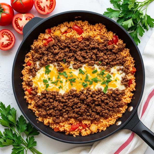 A black pan filled with a dish consisting of three main layers: the bottom layer is a mix of cooked rice and small diced tomatoes with a soft texture, the middle layer is ground cooked beef evenly spread across the dish with a crumbly texture and rich brown color, and on top is melted yellow and white cheese scattered with fresh green chopped parsley for garnish. Around the pan, there are halved red tomatoes, green parsley leaves, coarse salt grains, and a white cloth with red stripes, all placed on a white marbled surface. Photo taken with an iphone --ar 4:5 --v 7