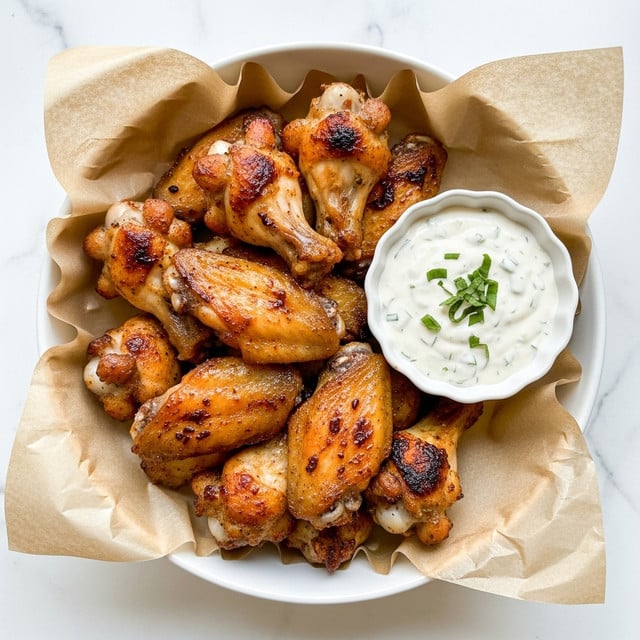 A white bowl lined with crinkled light brown parchment paper holds a pile of golden-brown chicken wings with a crispy textured skin showing some charred spots, arranged in a loose mound filling the bowl. To the right of the wings, a small white scalloped bowl contains a creamy white dipping sauce speckled with small green herb pieces, garnished with a few green herb sprigs on top. The bowl sits on a white marbled surface which provides a clean, bright background that contrasts with the warm color of the chicken wings and sauce. photo taken with an iphone --ar 4:5 --v 7
