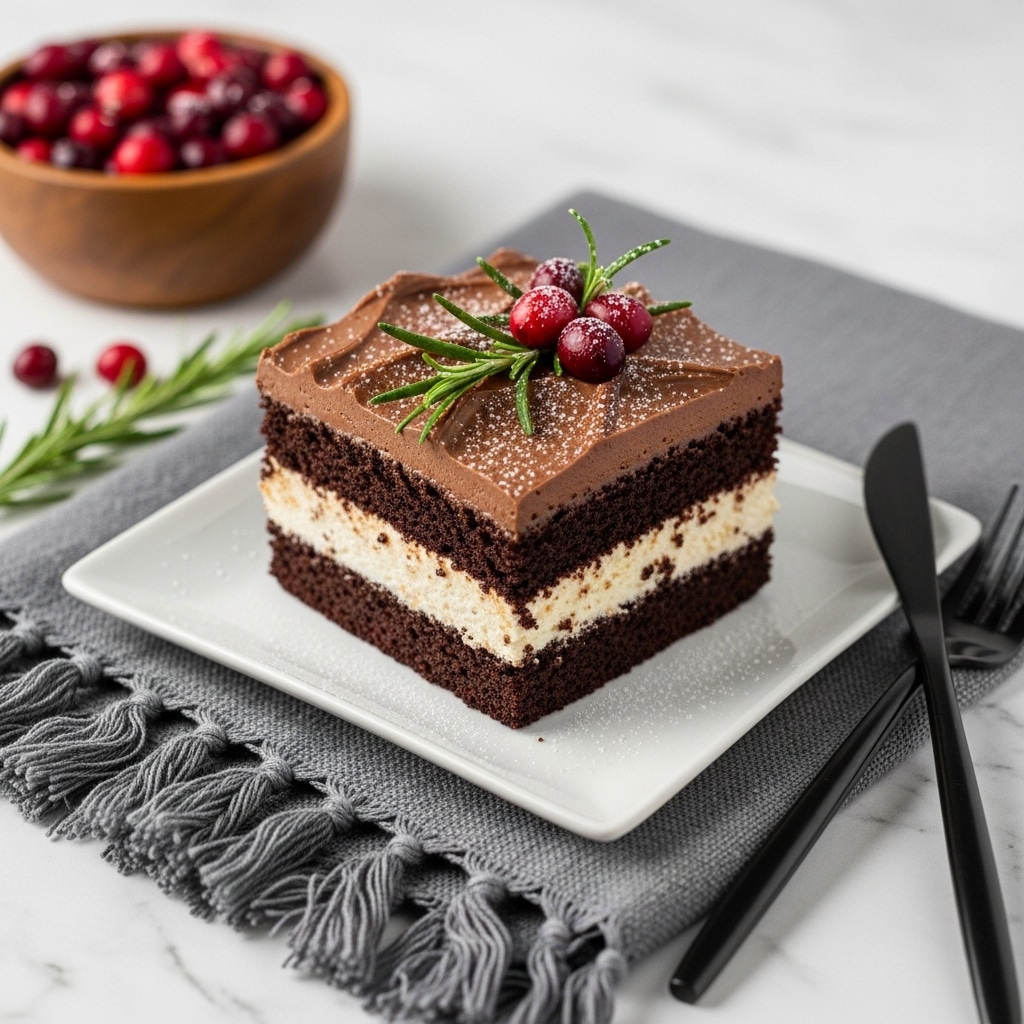 A piece of layered dessert sits on a white square plate over a gray cloth with fringes, placed on a white marbled surface. The dessert has three visible layers: the bottom layer is dark chocolate cake, the middle layer is thick and white cream, and the top layer is chocolate frosting with a smooth, swirled texture. The surface frosting is decorated with sprigs of green rosemary and bright red cranberries, with a light dusting of powdered sugar on top. In the background, a wooden bowl filled with cranberries is slightly blurred. A black fork and knife lie crossed beside the plate. Photo taken with an iphone --ar 4:5 --v 7