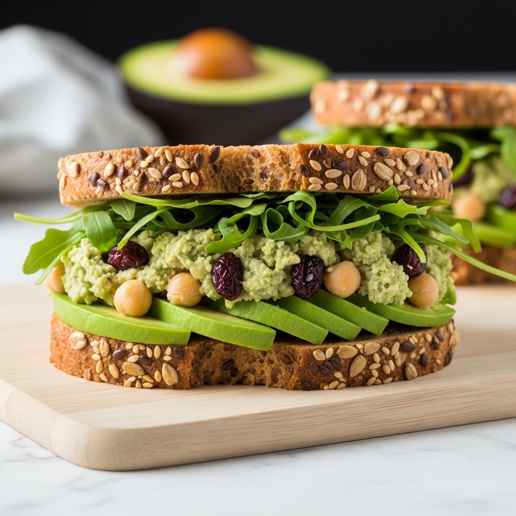 The image shows a sandwich with three main layers between two slices of seeded whole grain bread. The bottom layer consists of thick slices of bright green avocado. Above that is a chunky green spread mixed with creamy chickpeas and dark red dried cranberries. The top layer is a fresh bunch of light green arugula leaves, slightly spilling out from the edges. The sandwich sits on a light wooden cutting board placed on a white marbled surface, with a blurred half avocado in the dark background. photo taken with an iphone --ar 4:5 --v 7
