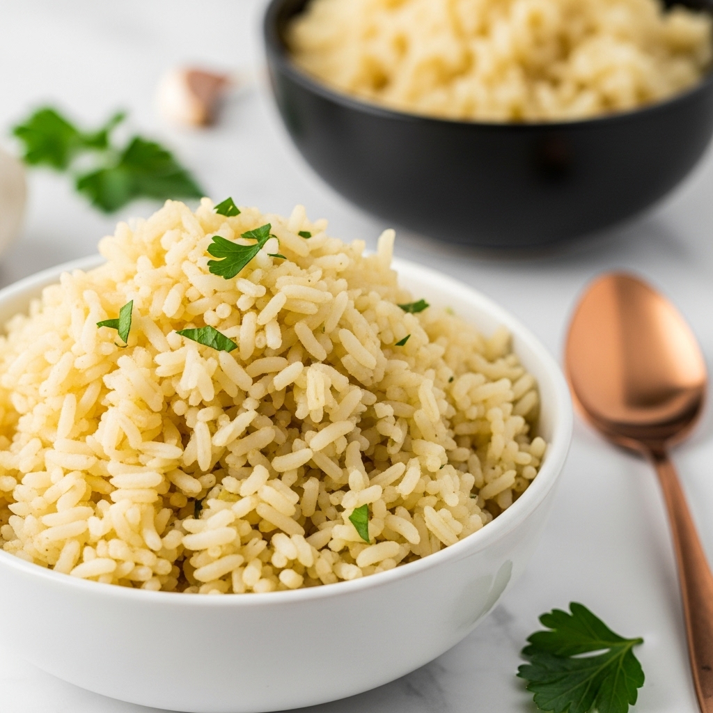 A close-up of a white bowl filled with a mound of cooked rice, the rice grains are light yellow and fluffy with small green parsley pieces sprinkled on top. In the background, a dark bowl also holds some rice but is out of focus, while a copper spoon lies on a white marbled surface near the bowl. A few green parsley leaves are scattered on the surface, adding a fresh touch. photo taken with an iphone --ar 4:5 --v 7