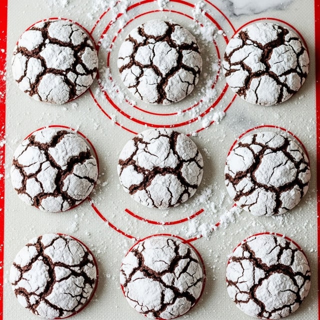 The image shows seven round chocolate crinkle cookies arranged on a white silicone baking mat with red circles. Each cookie has a dark brown base covered by a cracked layer of white powdered sugar, creating a cracked pattern over the surface. The texture looks soft and chewy with uneven cracks revealing the chocolate under the sugar. The cookies are spaced evenly in a grid with some extra powdered sugar scattered around on the mat. The background is a white marbled texture photo taken with an iphone --ar 4:5 --v 7