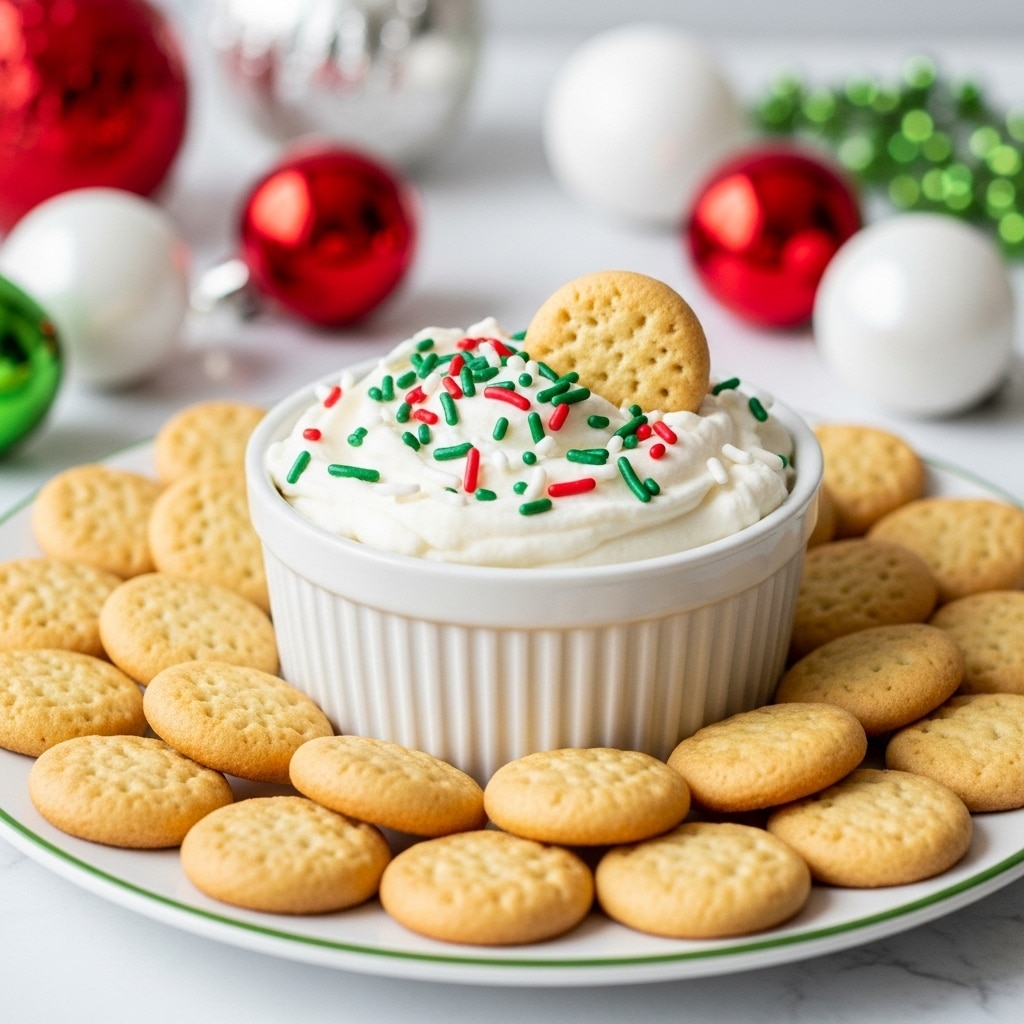 A white ramekin filled with a fluffy white creamy dip topped with red, green, and white sprinkles and a single round golden cookie pressed into the dip. The ramekin sits on a white plate with a thin green rim, surrounded by many small round golden cookies arranged closely around it. In the blurred background, there are red and white Christmas ornaments and some green decorations, all set on a white marbled surface. Photo taken with an iphone --ar 4:5 --v 7