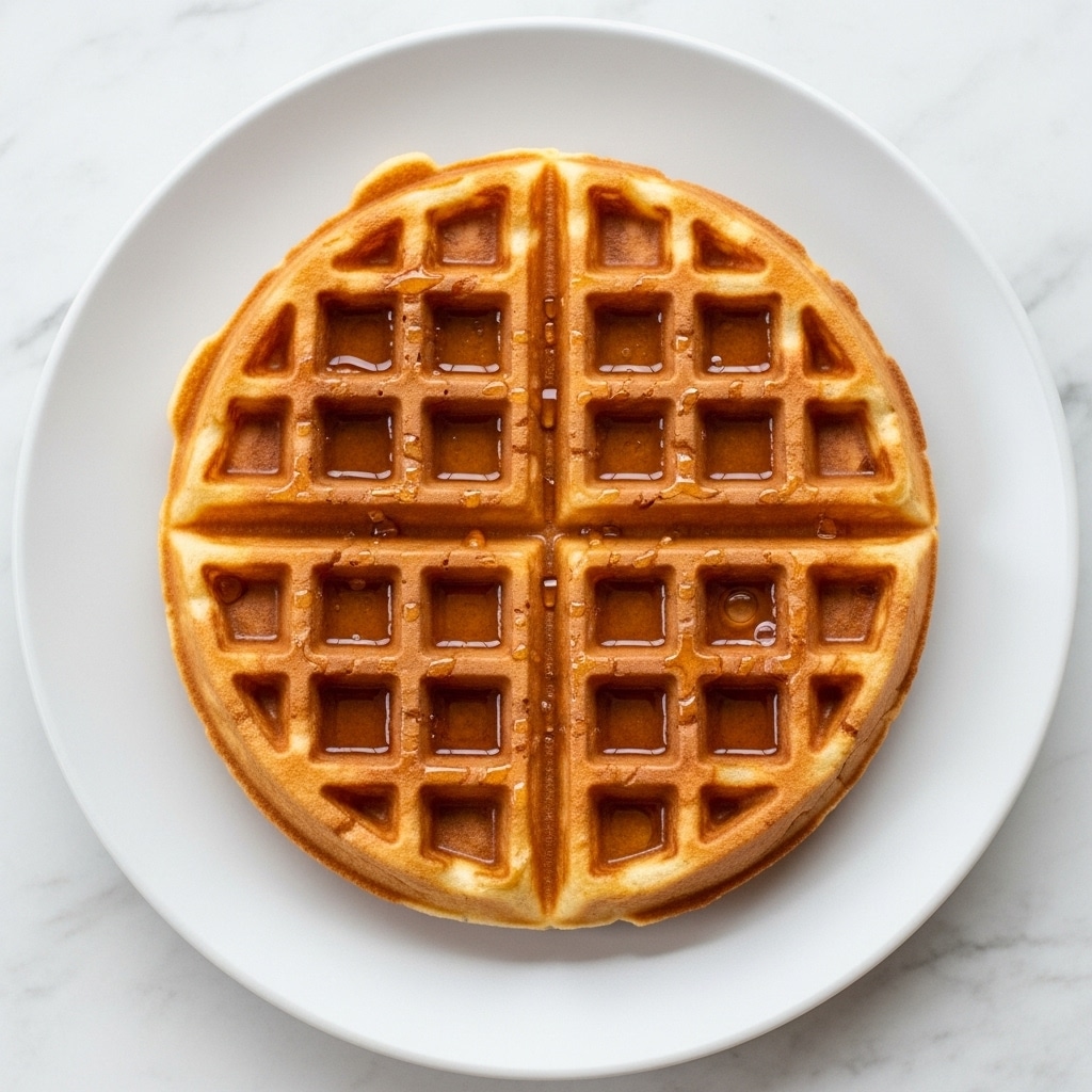 A round waffle is cut into four equal parts and placed on a white plate. The waffle is golden brown with a slightly darker toasted texture on the edges and small square indentations filled with clear syrup that shines under the light. The plate sits on a white marbled surface. photo taken with an iphone --ar 4:5 --v 7