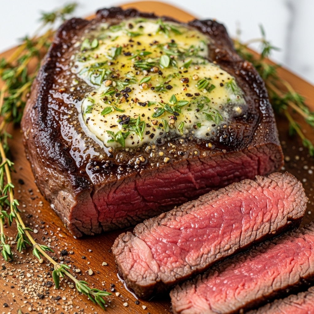 The image shows a close-up of a thick sirloin steak cooked to medium rare, with a rich brown seared crust and a juicy pink center. On top of the steak, there is a melting layer of butter mixed with herbs and cracked black pepper, creating a glossy and textured surface. The steak rests on a wooden board with scattered thyme leaves and coarse seasoning around it. One part of the steak is sliced to reveal the tender red inside, showing two layers: the crust outer layer and the soft inner meat. The background has a white marbled texture. Photo taken with an iphone --ar 4:5 --v 7