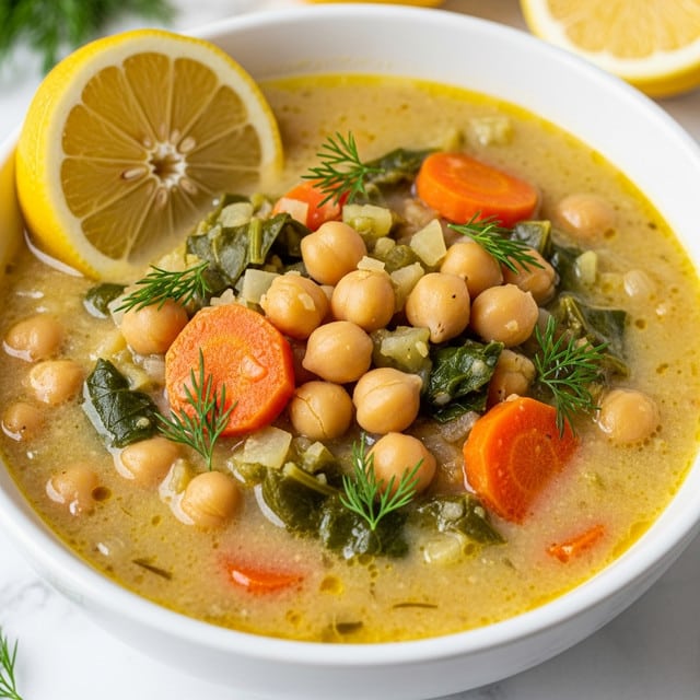 A close-up of a white bowl filled with thick creamy soup that has a pale yellow base with visible textures of chickpeas, orange carrot slices, and green leafy vegetables mixed throughout. There is a bright yellow lemon wedge placed on the side inside the bowl, and small green dill sprigs are scattered on top of the soup, adding a fresh look. The soup appears hearty with soft chunks and a slightly chunky texture, and the bowl is placed on a white marbled surface with more lemon halves visible in the background. Photo taken with an iphone --ar 4:5 --v 7
