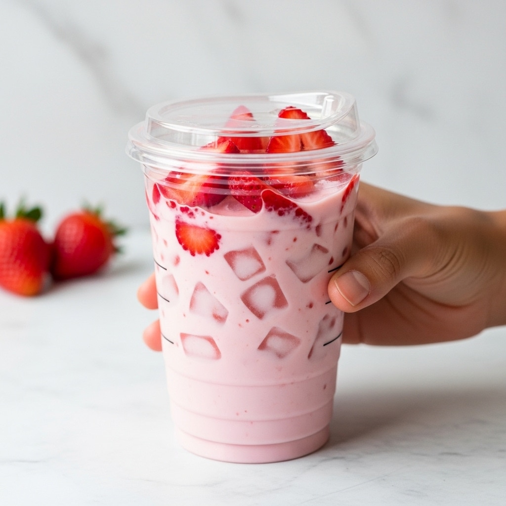 A clear plastic cup filled with a pink creamy drink layered with small ice cubes throughout, topped with bright red sliced strawberries visible near the top inside the cup, held by a tan hand gripping the side gently, and set against a soft white marbled background with some out-of-focus strawberries. The cup has a clear plastic lid with a small opening on the side. Photo taken with an iphone --ar 4:5 --v 7