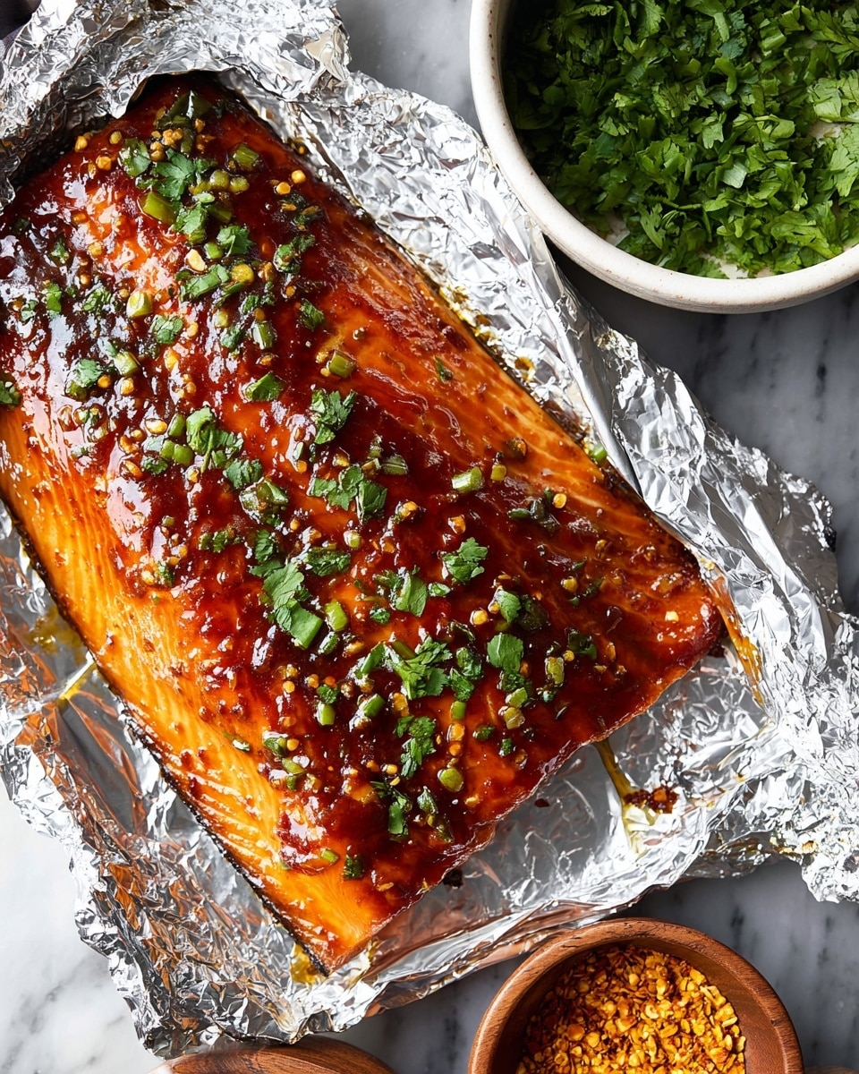 A large piece of cooked salmon sits wrapped in crinkled aluminum foil, placed on a white marbled surface. The salmon has a shiny, glazed orange-brown sauce covering its top, with dark caramelized spots along the edges. Bright green chopped herbs are sprinkled generously over the fish, adding a fresh contrast to the deep browns and oranges of the glaze. The foil edges are slightly charred and stained with the sauce, giving a sense of the cooking process. photo taken with an iphone --ar 4:5 --v 7