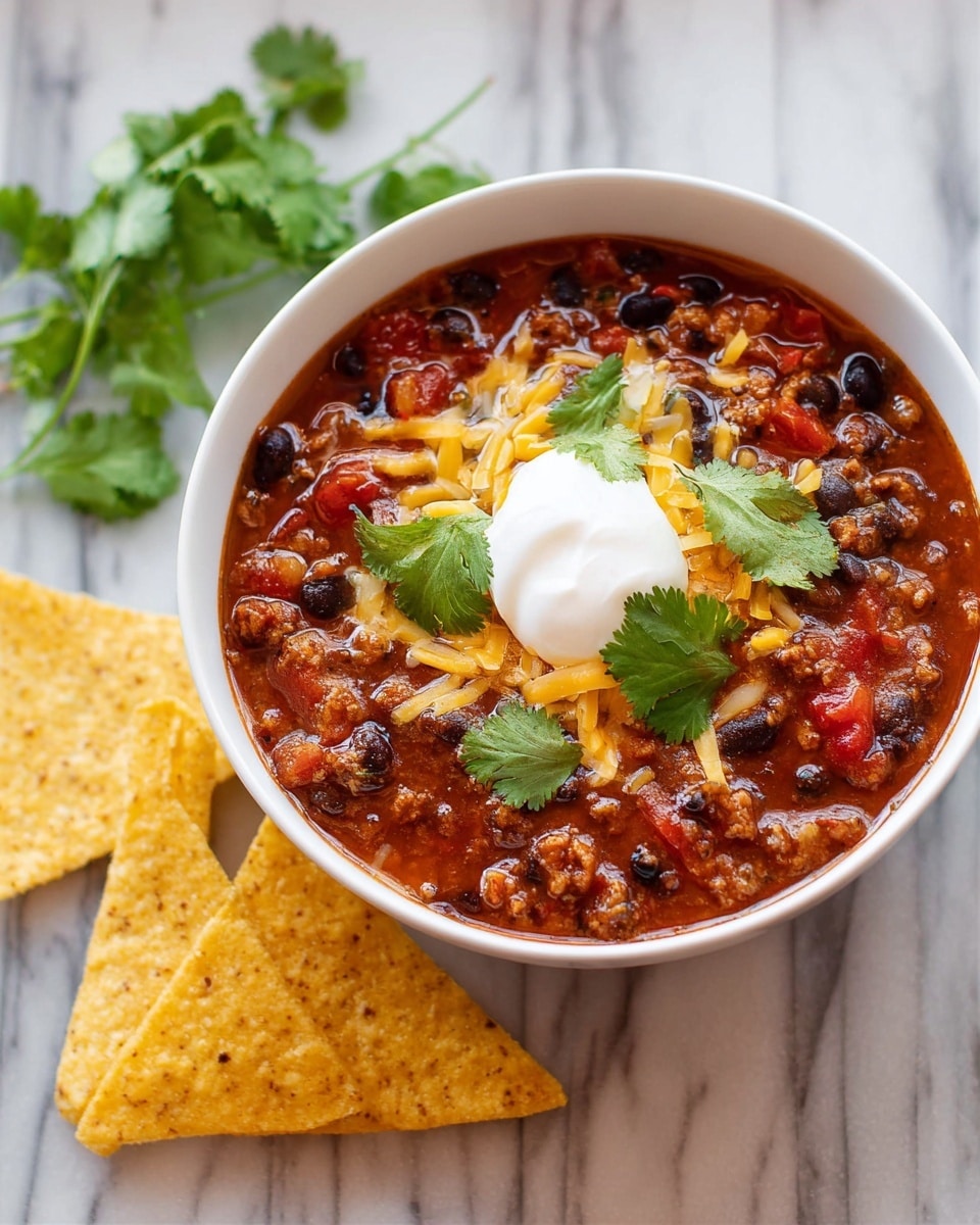 A white pot filled with chunky chili showing a thick mix of red tomato-based sauce, dark red kidney beans, black beans, yellow corn, and ground meat evenly spread throughout. A wooden spoon rests inside the pot scooping some chili. Around the pot, there are yellow tortilla chips scattered on a white marbled surface, some green cilantro leaves at the bottom left, and shredded orange cheese at the bottom right. Photo taken with an iphone --ar 4:5 --v 7