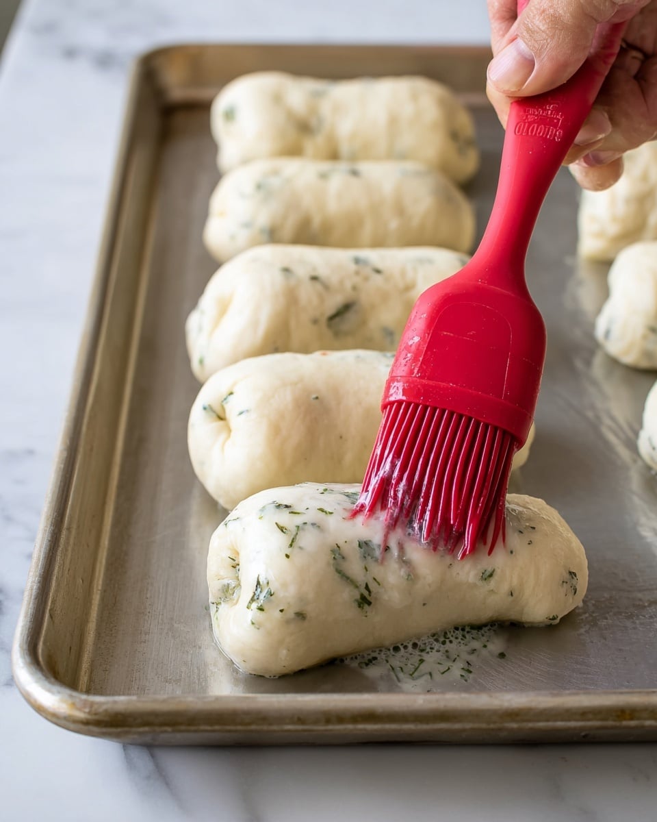 The image shows a close-up of six small, rolled dough pieces lined up on a silver baking sheet, each with a soft, smooth, and slightly speckled white surface. The dough pieces are cylindrical with slightly pinched ends, arranged in two rows across the pan. A woman's hand is holding a red silicone basting brush, brushing a glossy, herb-infused liquid onto the dough piece in the foreground, adding a shiny coating with visible green herb bits on the brush and dough. The baking sheet rests on a white marbled surface, giving a clean and bright background. Photo taken with an iphone --ar 4:5 --v 7