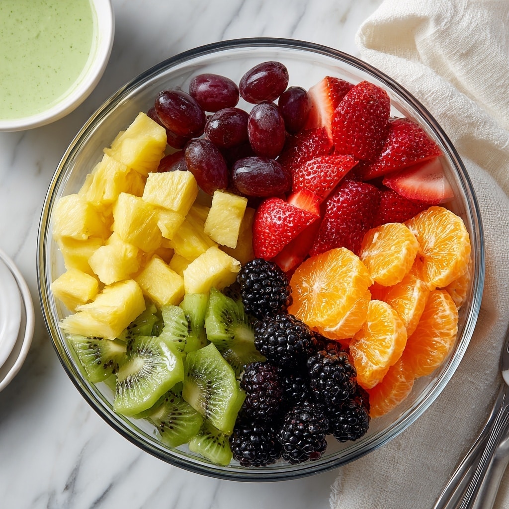 A clear glass bowl filled with six sections of fresh fruit neatly arranged side by side: bright yellow pineapple chunks at the bottom left, juicy dark red grape halves below them, vibrant green kiwi pieces at the top left, bright red strawberry halves at the top right, plump blackberries just below the strawberries, and peeled orange segments at the bottom right. The bowl sits on a white marbled surface with a white cloth and a white bowl with a pale green sauce partially visible in the background. Photo taken with an iphone --ar 4:5 --v 7