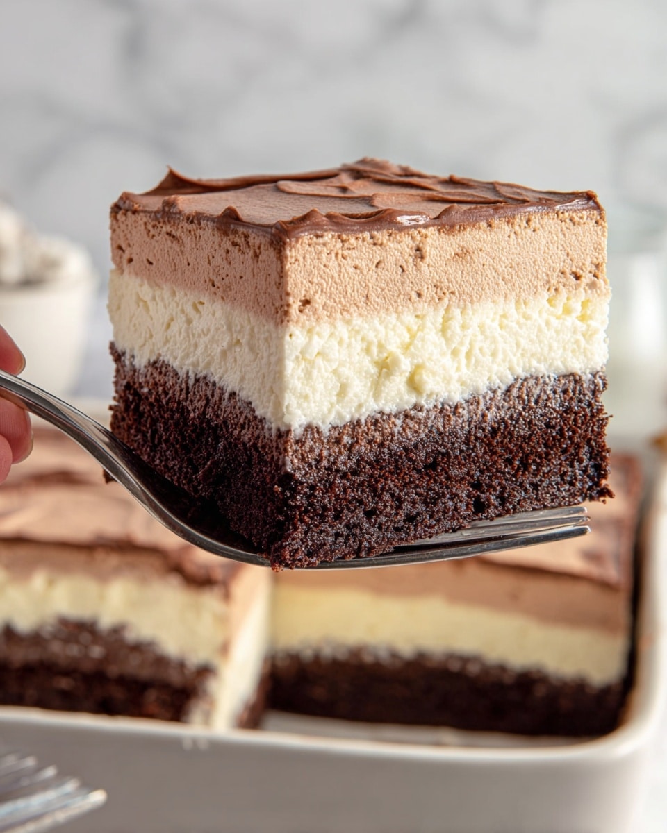 A close-up image of a three-layer dessert square held on a silver fork. The bottom layer is a light cream cheesecake with a smooth and slightly uneven texture. Above this is a thick, dark brown chocolate cake layer with a spongy and porous texture. The top layer is a thick, light brown chocolate mousse with a smooth and creamy surface that has gentle peaks and a glossy finish. The dessert piece is rectangular with clean edges. Behind the fork, a larger white dish shows the remaining dessert with the same three layers visible from the side. The background is a soft white marbled texture. Photo taken with an iphone --ar 4:5 --v 7