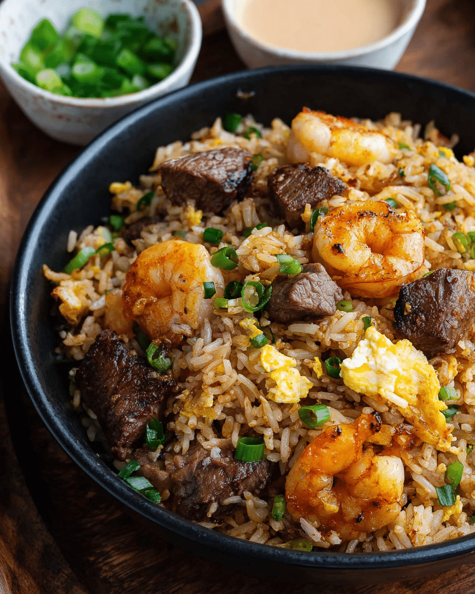 A close-up of a black bowl filled with fried rice mixed with scattered green onion pieces, small dark brown grilled beef chunks, and orange shrimp with slight char marks. The rice is golden brown with visible bits of scrambled egg and spices mixed in. The bowl is set on a wooden surface with parts of two small white bowls containing green onion slices and a light brown sauce visible in the background. photo taken with an iphone --ar 4:5 --v 7