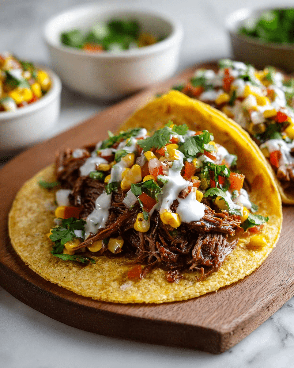 The dish shows two yellow corn tortillas stacked with shredded dark brown slow-cooked meat on top. Over the meat, there is a mix of bright yellow corn kernels and chopped fresh vegetables including green cilantro leaves, red and green diced peppers, and bits of white onion, all drizzled with creamy white sauce. The background features a wooden board under the tortillas, small white bowls filled with corn salad and green herbs are slightly out of focus behind them, all on a white marbled surface. Photo taken with an iphone --ar 4:5 --v 7