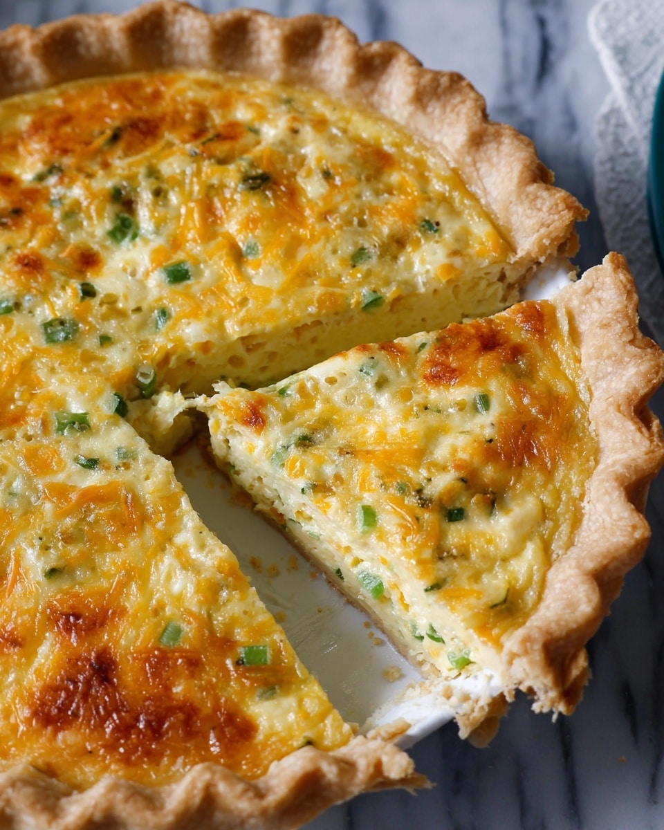 A close-up of a sliced quiche showing one slice partly pulled out. The quiche has a golden-brown crust with a ridged edge around the pie, filled with a creamy, yellow egg layer mixed with melted cheese that gives spots of orange color, and bits of green herbs or scallions are scattered throughout. The texture on top is slightly browned and bubbly, highlighting the melted cheese and cooked egg. It is placed on a white marbled surface with a glimpse of a white plate beneath. Photo taken with an iphone --ar 4:5 --v 7