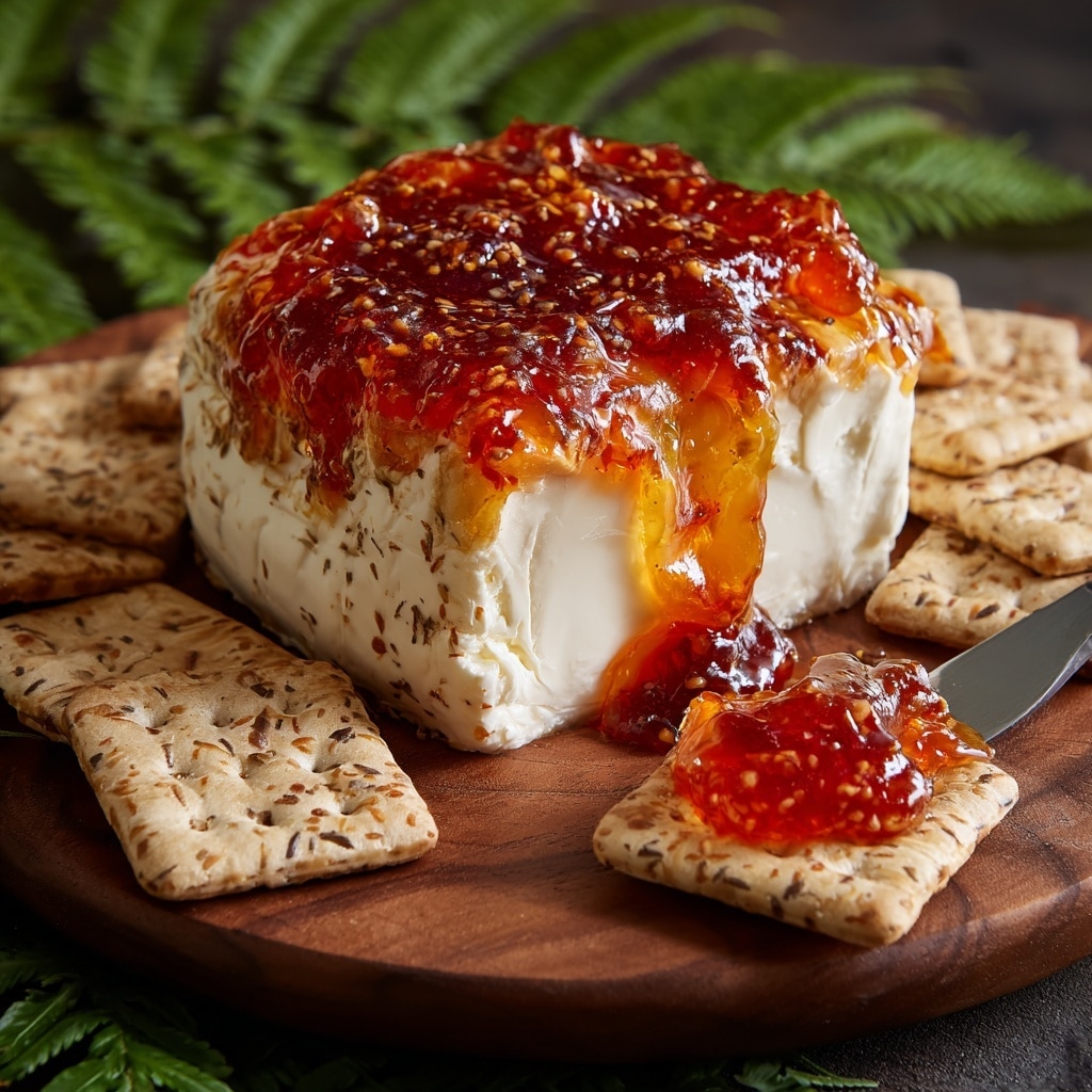 A block of cream cheese with a smooth, white, soft texture is covered in a shiny, orange-red jelly layer on top, which also drips slightly down the sides and pools around the cheese. The cheese is placed on a round wooden board, surrounded by square, pale beige crackers with visible seeds and grains. A knife with a white handle is cutting into the cheese, spreading some of the cheese and jelly mixture onto one cracker in the front center of the image. The background includes some dark green fern leaves, giving a natural feel. Photo taken with an iphone --ar 4:5 --v 7