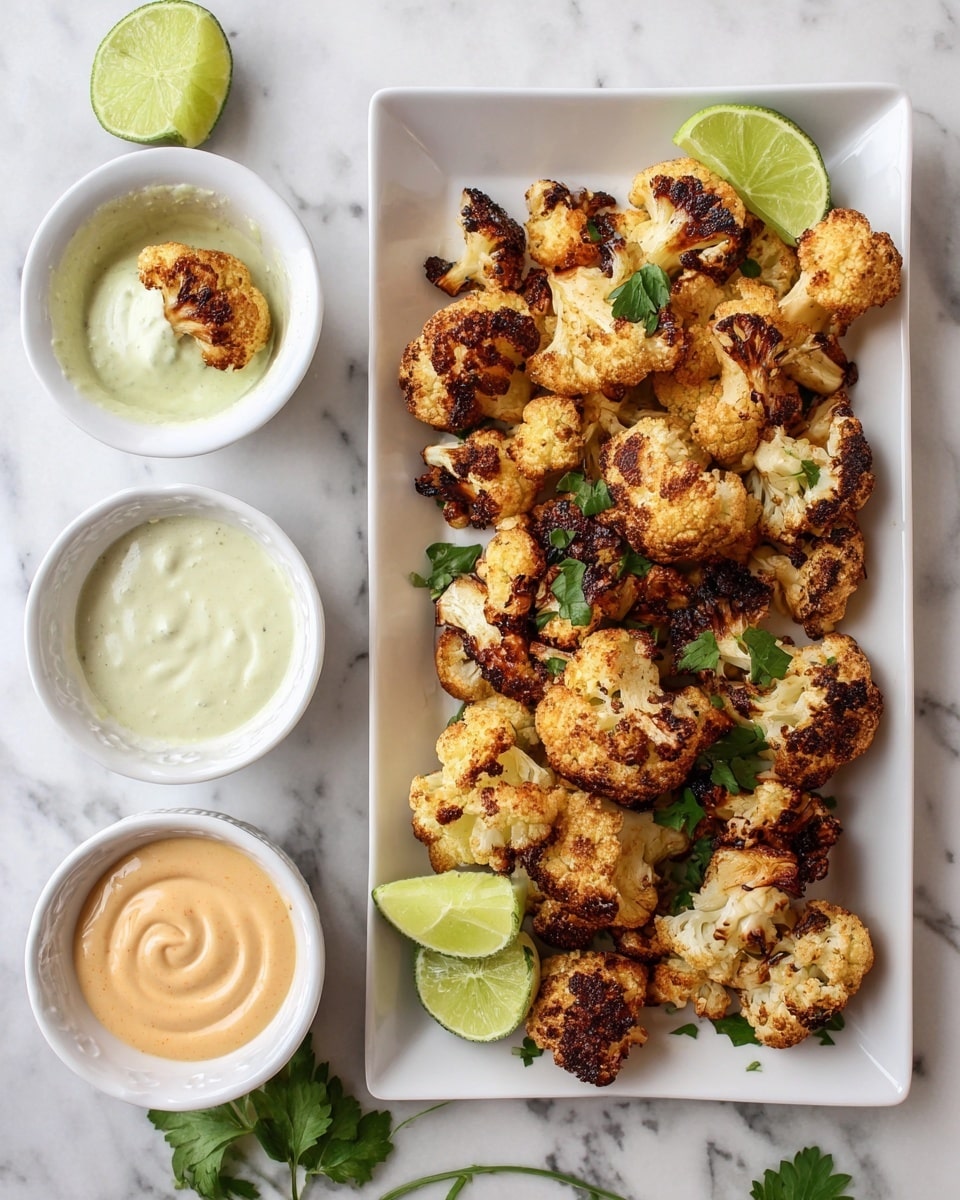 A white rectangular plate with ornate edges holds a pile of golden-brown roasted cauliflower florets, each with crispy charred spots and scattered small green parsley leaves; two bright green lime wedges rest beside the cauliflower. To the left of the plate, three small white ramekins are arranged vertically, containing three different creamy sauces: the top one is a pale green with a single dark roasted cauliflower floret dipped in it, the middle one is white with herbs mixed in, and the bottom one is light orange with a smooth texture. Fresh green parsley sprigs are scattered around on a white marbled surface. Photo taken with an iphone --ar 4:5 --v 7