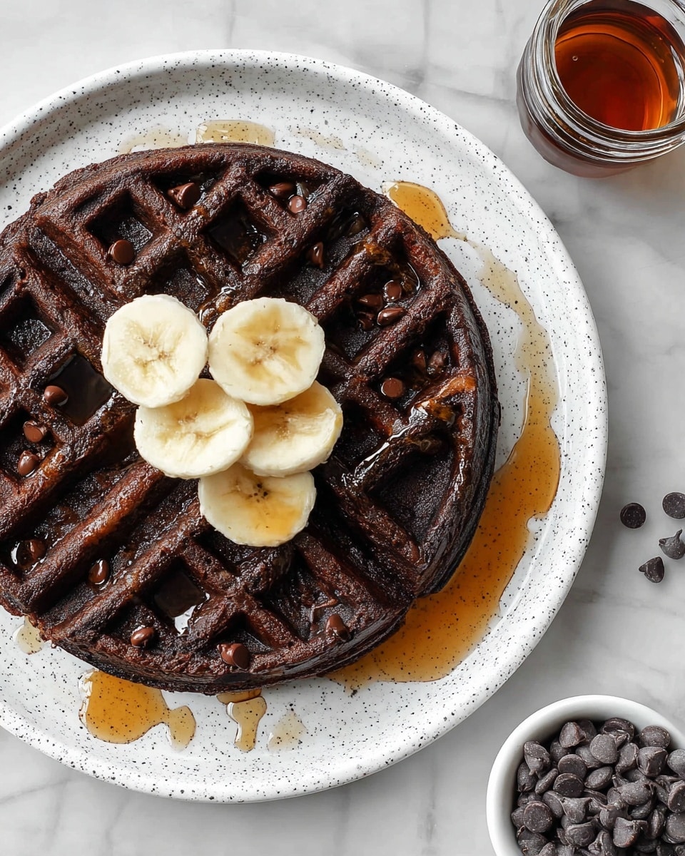 A dark chocolate waffle with a deep brown, slightly rough texture sits on a white speckled plate. It has a grid pattern with visible chocolate chips embedded within the waffle pockets. On top, three banana slices, pale yellow with soft texture, are placed in the center, and golden syrup is drizzled over the waffle and plate, creating small shiny pools. Next to the plate, there is a small white bowl filled with dark chocolate chips and a glass container of syrup on a white marbled surface. photo taken with an iphone --ar 4:5 --v 7