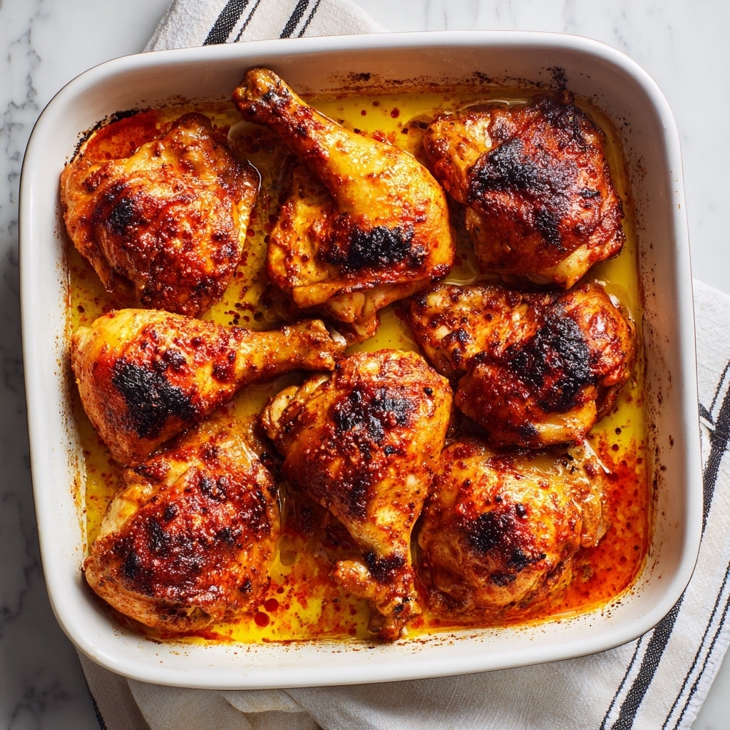 In a white rectangular baking dish on a white marbled surface, there are eight pieces of baked chicken with a golden-brown crispy skin and some darker browned spots. The chicken pieces include a mix of thighs, drumsticks, and wings, each coated evenly with a reddish-orange seasoning. The dish has a layer of reddish oil and cooked juices surrounding the chicken, creating a glossy texture around the edges. The dish is placed on a white cloth with black stripes partially visible underneath. photo taken with an iphone --ar 4:5 --v 7