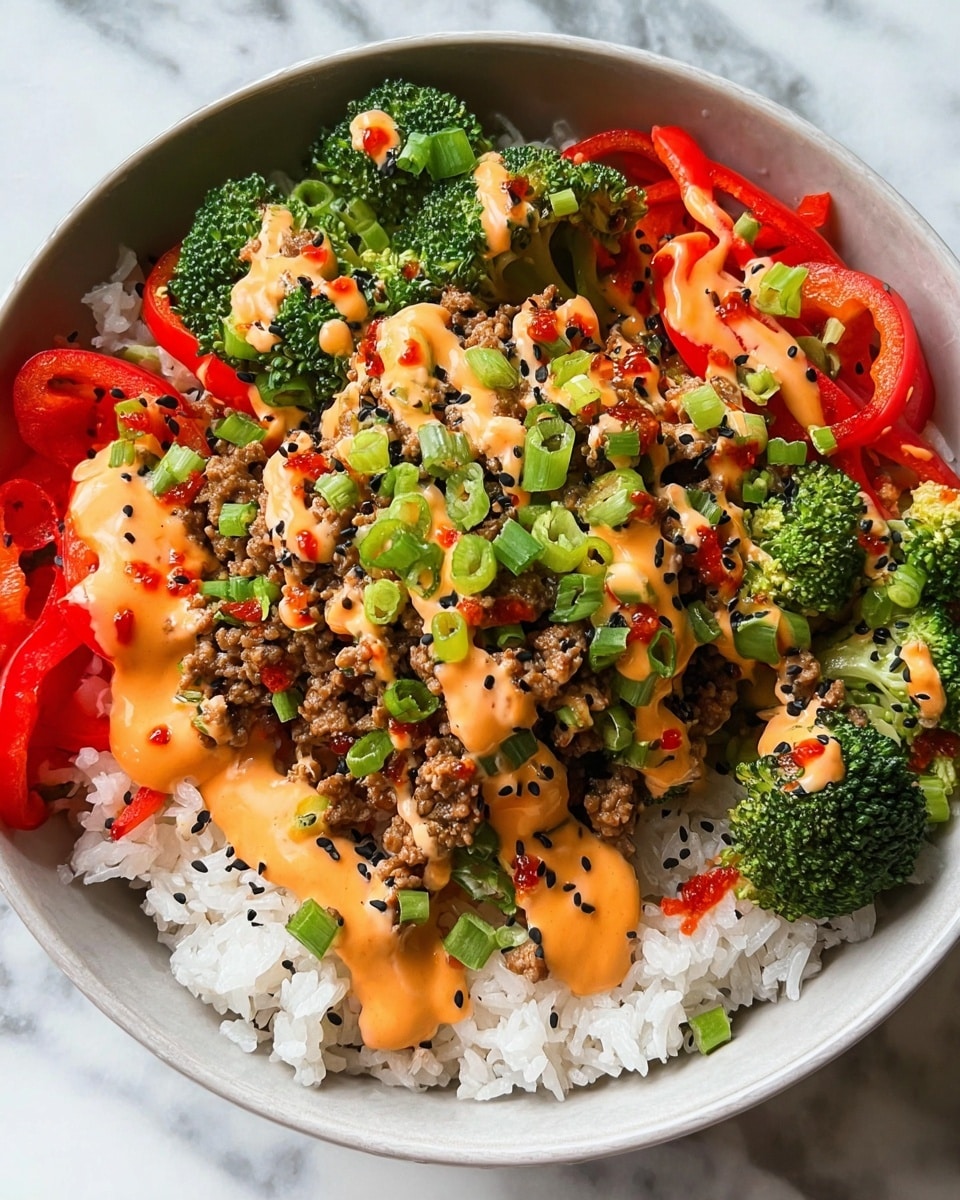 A white bowl filled with four main layers, starting with a base of white steamed rice. On top of the rice, bright orange shredded carrots and vibrant green steamed broccoli florets are arranged around the edges. In the middle, there is a layer of cooked ground meat with a slightly browned texture. The dish is drizzled generously with a creamy light orange sauce and a bright red sauce. Finally, the top is sprinkled with chopped green onions and scattered black and white sesame seeds. The bowl sits on a white marbled surface. photo taken with an iphone --ar 4:5 --v 7
