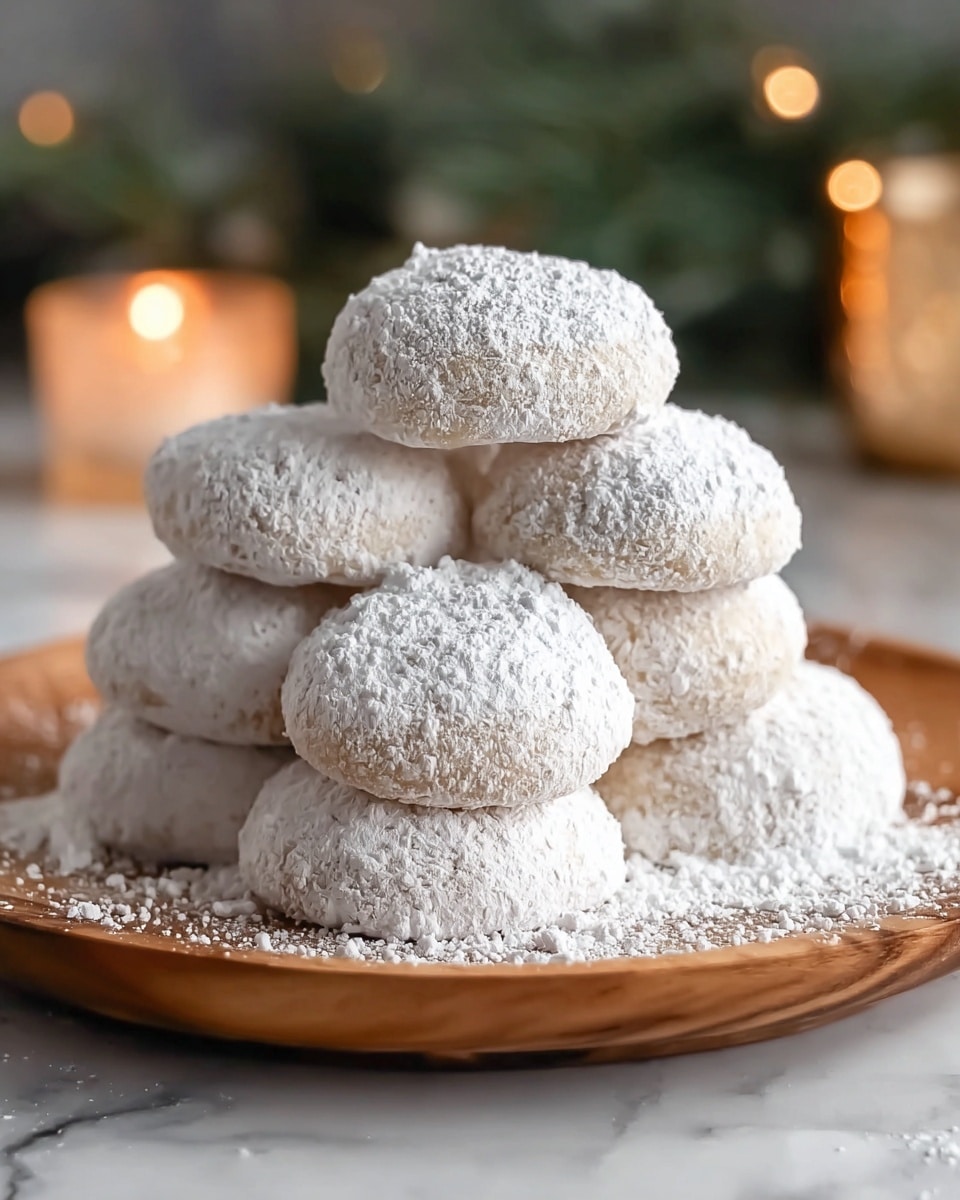 A wooden plate holds a pyramid stack of eight round cookies covered thickly in white powdered sugar, giving them a soft, powdery texture. The cookies are light beige under the sugar, their smooth surface slightly rounded on top. Powdered sugar scattered around the base adds to the cozy and sweet look. The background is softly blurred with warm candlelight and vague greenery visible. The scene rests on a white marbled surface. photo taken with an iphone --ar 4:5 --v 7