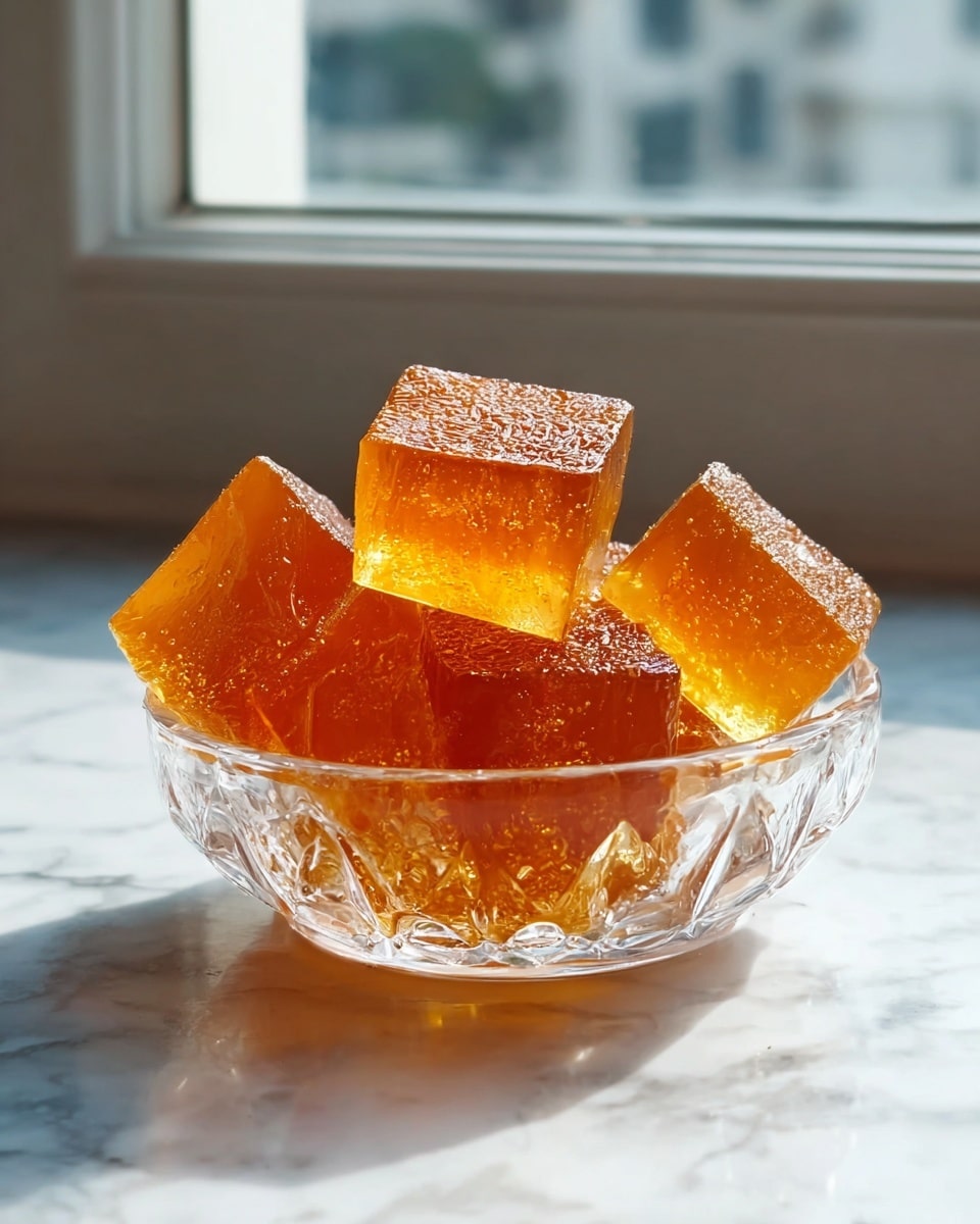 The image shows a clear glass bowl filled with nine translucent amber-colored jelly cubes that have a shiny, slightly textured surface. The cubes are stacked unevenly, some resting on each other inside the bowl, which is placed on a white marbled surface near a blurred window in the background. The warm light highlights the glossy, smooth edges of the jelly cubes, giving them a fresh and appetizing look. Photo taken with an iphone --ar 4:5 --v 7