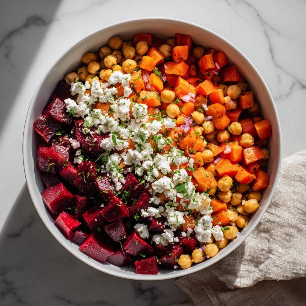 A white round plate filled with a colorful salad that has three main layers. The bottom layer is made of light orange small carrot cubes and round beige chickpeas. The middle layer has dark red beet root pieces cut into chunks, scattered evenly. The top layer is sprinkled with white crumbled cheese and small green parsley leaves. The plate sits on a white marbled surface with a beige cloth partially under it, and sunlight creates soft shadows on the salad. photo taken with an iphone --ar 4:5 --v 7