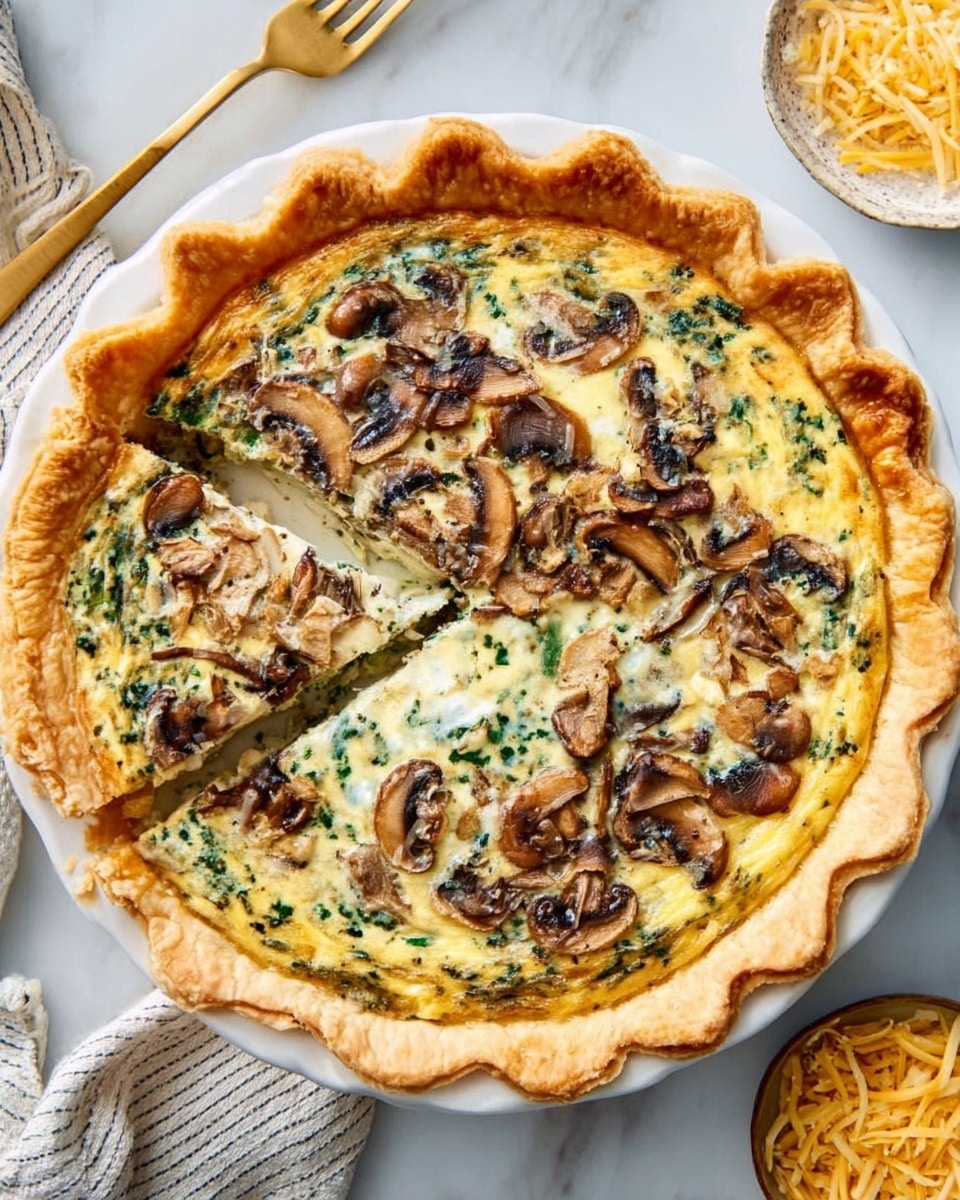 The image shows a savory pie on a white plate, placed on a white marbled surface. The pie has a golden, flaky crust with a wavy edge forming the outer layer. Inside, there is a creamy filling with visible green herbs mixed evenly throughout. On top, slices of cooked mushrooms are spread out, creating a slightly browned, textured layer with a shiny finish. The crust and filling together form two main layers, with the mushrooms as the top layer. A woman's hand is holding a wooden spatula nearby, and a small bowl of shredded cheese and a gold fork rest on the surface next to the plate. Photo taken with an iphone --ar 4:5 --v 7