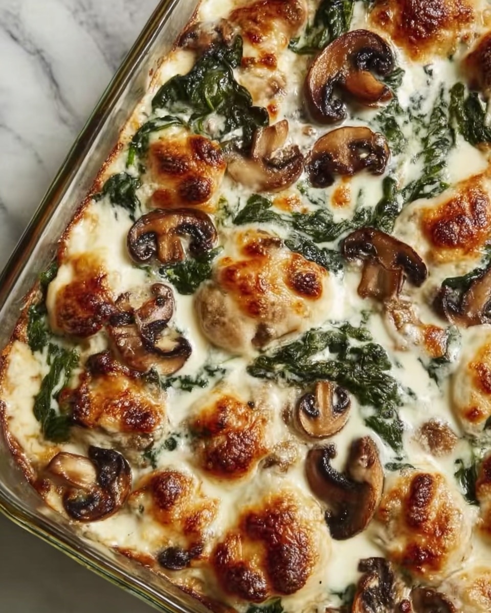 A close-up view of a baked casserole shows a rich mix of layers. The base layer is creamy melted cheese, smooth and light yellow. Scattered on top are sautéed dark brown mushrooms with a soft texture. There are vibrant green spinach leaves spread throughout, slightly wilted and nestled in the cheese. Brown and golden browned pieces, likely chicken, are distributed across the dish, adding a crispy and juicy look. The dish is inside a white ceramic baking dish, with the background showing a white marbled surface. photo taken with an iphone --ar 4:5 --v 7