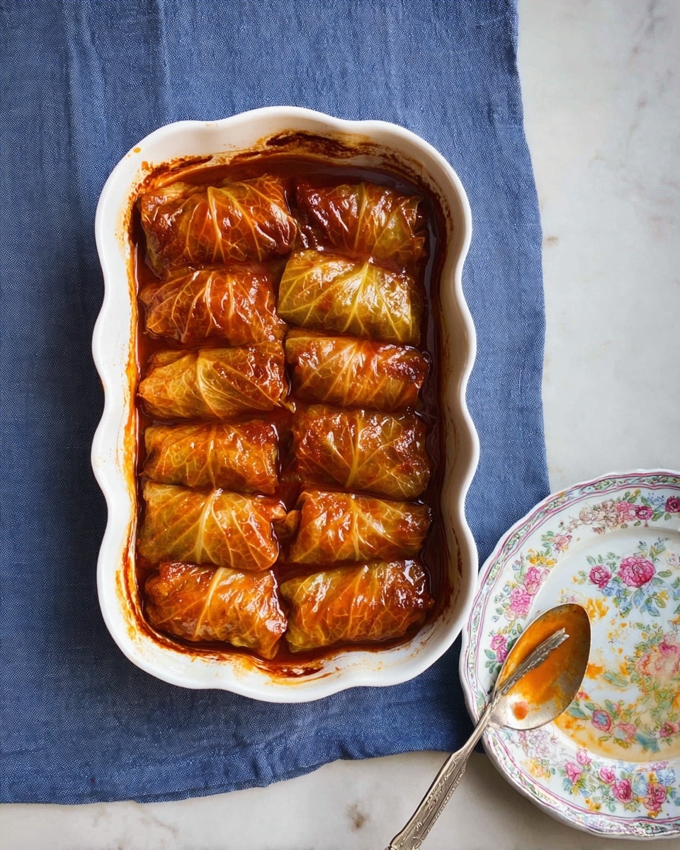 A white scalloped rectangular baking dish holds twelve brown cabbage rolls neatly arranged in two rows, each roll covered in a shiny, thick, reddish-brown sauce. The edges of the dish are browned and slightly burnt from cooking, showing rich caramelization. To the side, a white plate with blue and pink floral patterns holds a silver fork and spoon smeared with the same sauce. The dish and plate rest on a blue cloth with a subtle texture. photo taken with an iphone --ar 4:5 --v 7