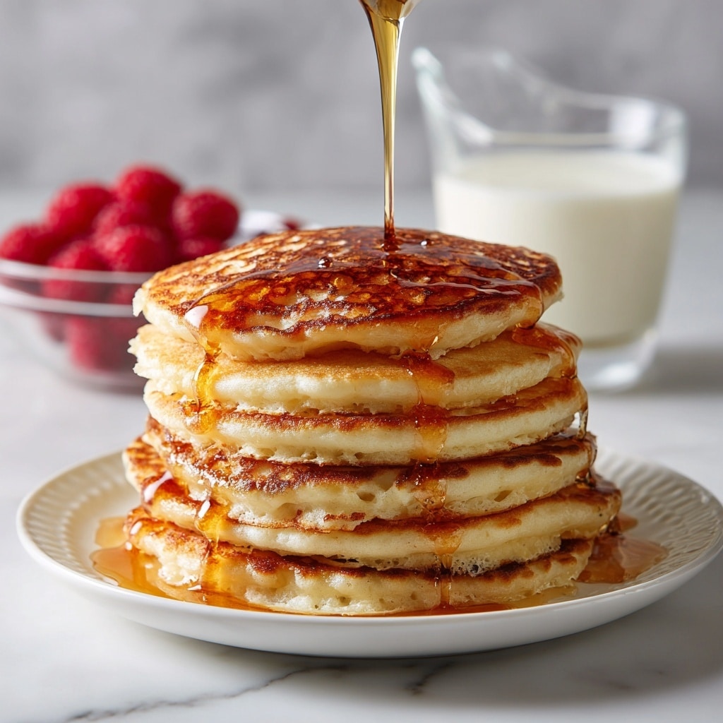 A tall stack of seven golden brown pancakes sits on a white plate, each pancake showing soft, fluffy texture with small air holes and slightly uneven edges. Amber syrup is being poured over the top pancake, flowing down the sides and pooling at the base. In the background, there is a clear glass container filled with white milk and a small clear bowl holding fresh, red raspberries, all resting on a white marbled surface. The image captures a warm, inviting breakfast moment. photo taken with an iphone --ar 4:5 --v 7