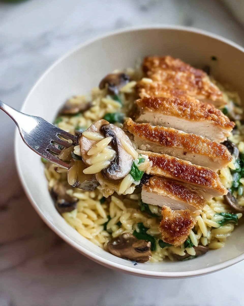 A white bowl sits on a white marbled surface, filled with a creamy mushroom orzo base mixed with small green leafy herbs, topped with five golden-brown, crispy chicken slices arranged in a row on one side. A close-up of a spoon in the foreground holds a scoop of orzo with a cooked mushroom slice and fresh green herb bits, showing creamy texture and warm colors. photo taken with an iphone --ar 4:5 --v 7