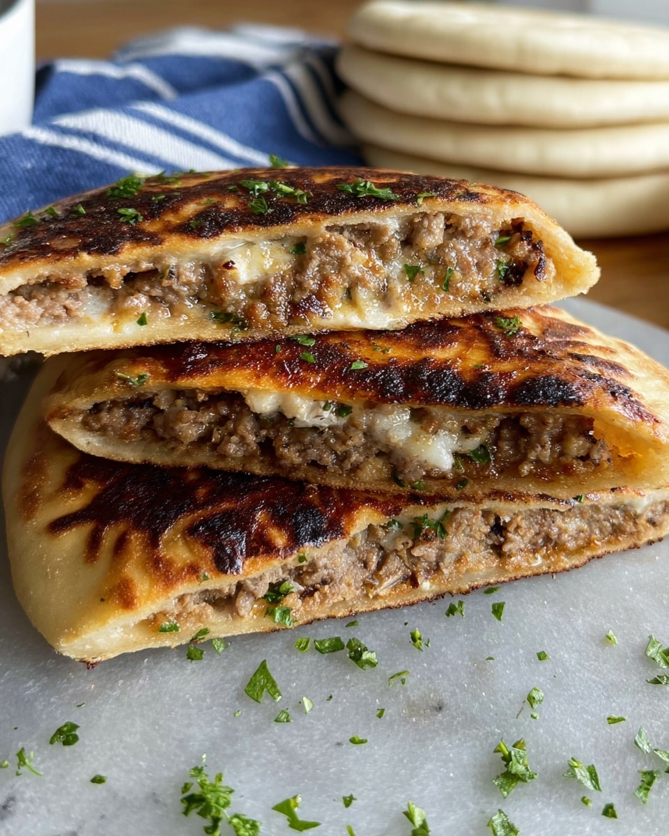 The image shows three stacked slices of a stuffed bread with a golden brown, slightly crispy crust. Each slice reveals a thick inner layer of cooked ground meat mixed with small bits of green herbs and a few yellow corn kernels, with some oily shine on the bottom slice. The bread outer layer is light golden and airy, with some darker toasted edges. The slices rest on a white marbled surface sprinkled with chopped green herbs. In the blurred background, there is a white bowl containing a creamy white sauce with some green herbs and a drizzle of yellow oil. A striped blue and white cloth is partially visible on the left side. photo taken with an iphone --ar 4:5 --v 7
