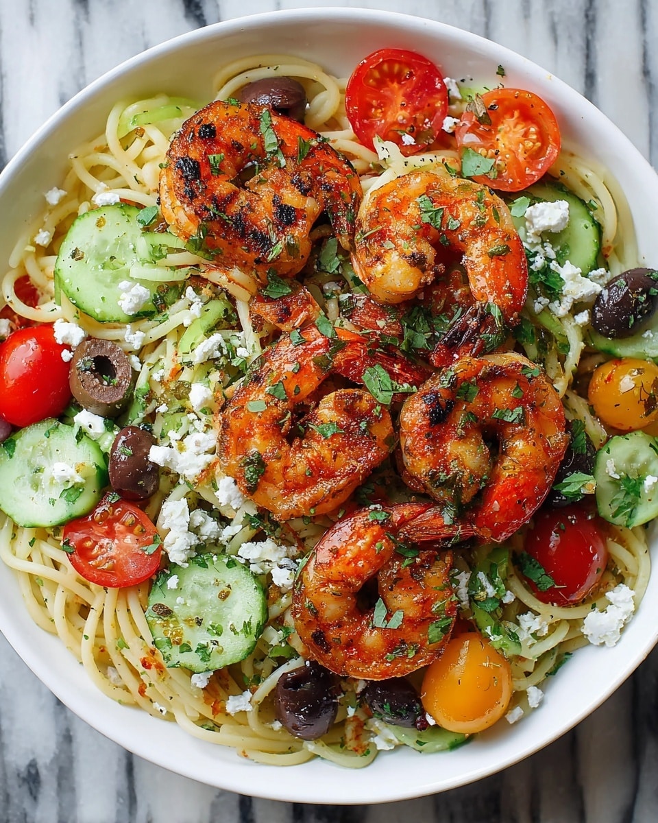 A white bowl filled with a colorful shrimp pasta dish, featuring a base layer of light yellow spaghetti noodles twisted around the bowl. Scattered on the noodles are halved red and orange cherry tomatoes, black and green sliced olives, and small green bell pepper pieces, adding spots of red, orange, black, and green throughout. On top, there are six large grilled shrimp with a reddish-brown charred texture and a sprinkling of finely chopped green herbs. Small crumbles of white feta cheese are spread evenly over the dish, completing the vibrant mix. The bowl is set on a white marbled surface with sprigs of fresh green thyme and loose cherry tomatoes around the edges. Photo taken with an iphone --ar 4:5 --v 7