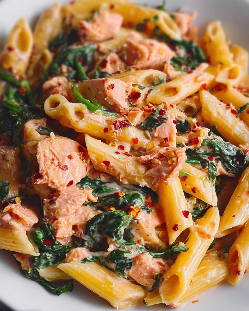 Sun-Dried Tomato Cream Sauce Salmon Pasta with Spinach Recipe
