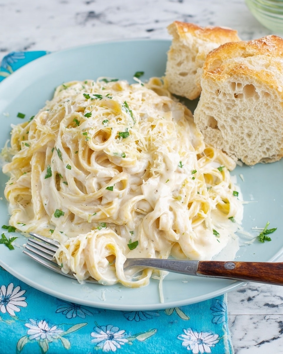 The image shows a white round plate filled with creamy fettuccine pasta, coated evenly in a thick, smooth white Alfredo sauce. The pasta strands lie close together with some sprinkled shredded cheese and small bits of green herbs on top, adding a touch of color. A silver fork held by a woman's hand is lifting a small tangle of the pasta from the plate. Behind the plate, there is a skillet that holds more of the same creamy pasta. The setting is on a white marbled surface with a soft blue-gray cloth nearby. photo taken with an iphone --ar 4:5 --v 7