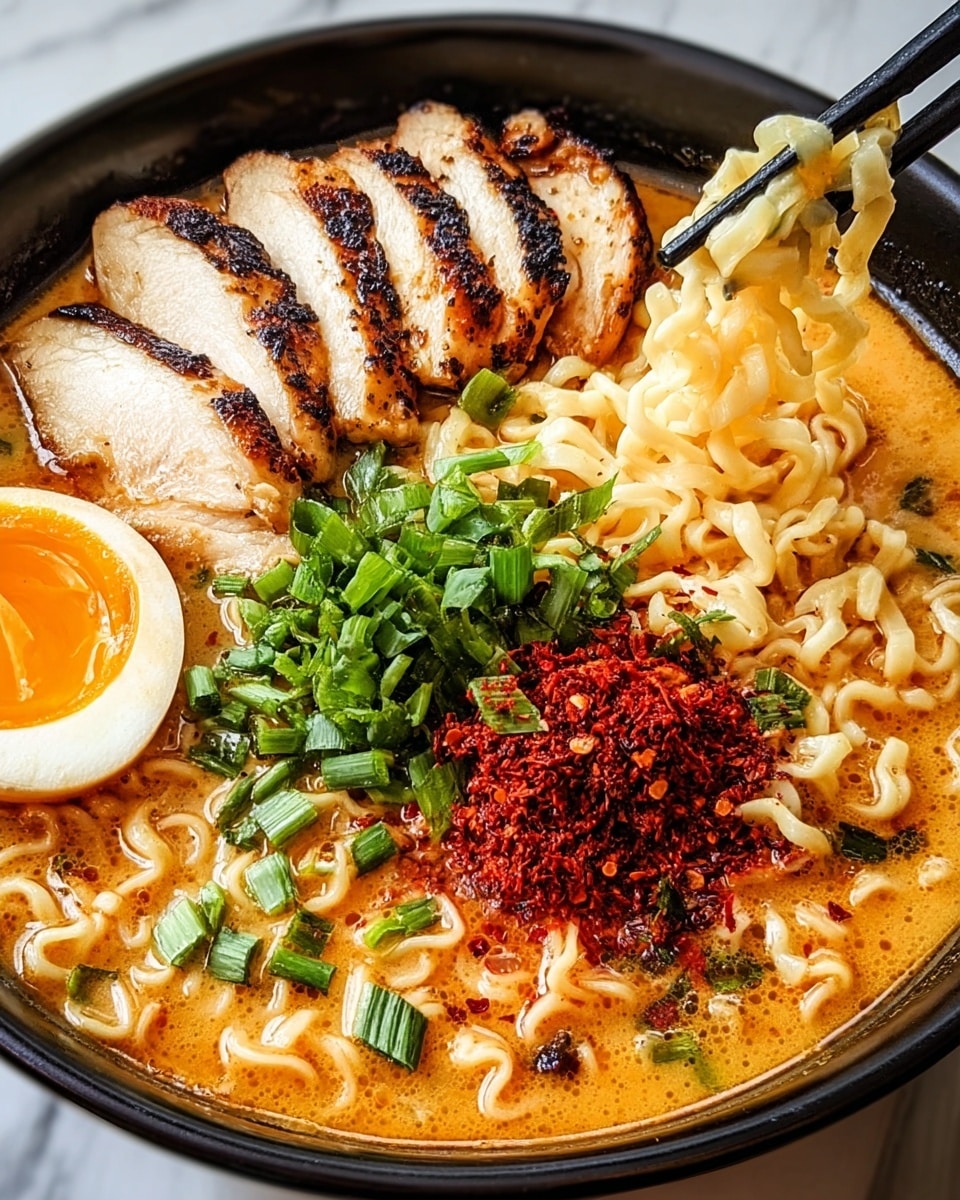 A black bowl filled with ramen soup sits on a white marbled surface. The bottom layer is a rich, creamy orange broth. On top, there is a layer of wavy yellow noodles slightly lifted by black chopsticks on the right side. At the front, five slices of grilled chicken with dark char marks are neatly fanned out. Behind the chicken, a small pile of bright green chopped scallions with a sprinkling of red chili flakes sits in the center. To the left, half of a soft boiled egg with a vibrant orange yolk and white edges rests partly submerged. A small heap of crushed red pepper flakes sits beside the egg in the broth. photo taken with an iphone --ar 4:5 --v 7