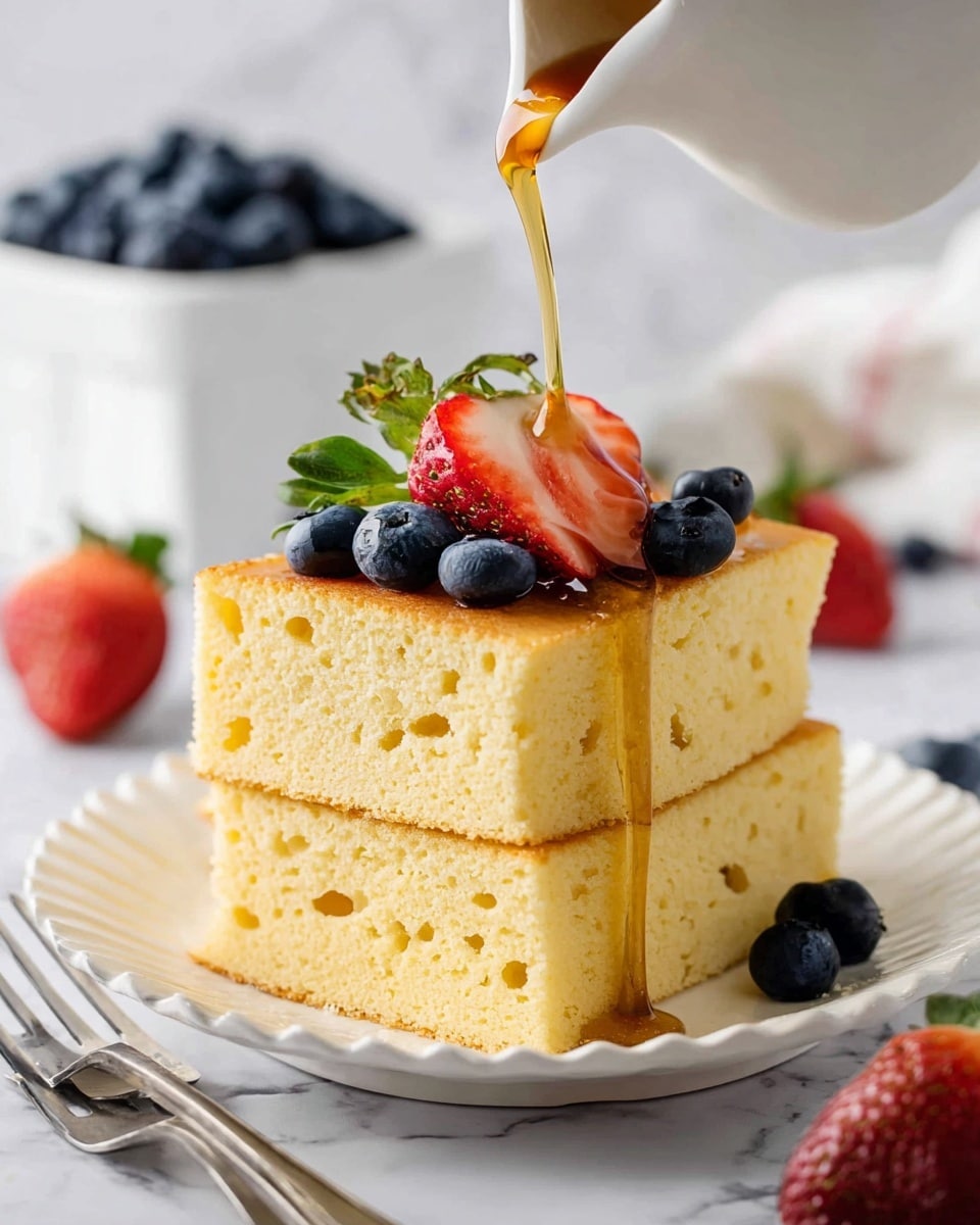 A stack of three light yellow sponge cakes is placed on a white plate with a scalloped edge, each layer showing a soft, airy texture with small air holes. On top of the stack, there are fresh blueberries and a sliced strawberry with green leaves, adding a mix of deep blue and bright red colors. Golden syrup is being poured from a white pitcher onto the top of the cakes, cascading down the layers and pooling on the plate. In the background, there is a white container filled with blueberries, sitting on a white marbled surface. A strawberry and some scattered blueberries are also visible in the foreground, and two silver forks lie beside the plate. photo taken with an iphone --ar 4:5 --v 7