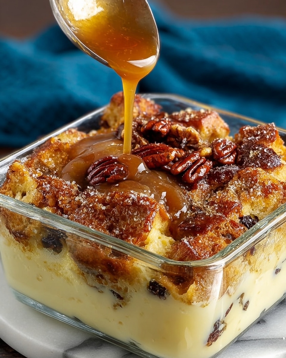 A square glass dish holds a dessert with two visible layers: the bottom layer is creamy and pale yellow with a smooth texture, while the top layer is golden brown with a textured surface from baked bread pieces and pecans. The top is sprinkled with powdered sugar and cinnamon, giving it a slightly speckled look. A generous dollop of whipped cream sits in the center, topped with a fresh green mint leaf. Caramel sauce drips down the sides of the glass dish onto a white plate underneath, which sits on a white marbled surface. photo taken with an iphone --ar 4:5 --v 7