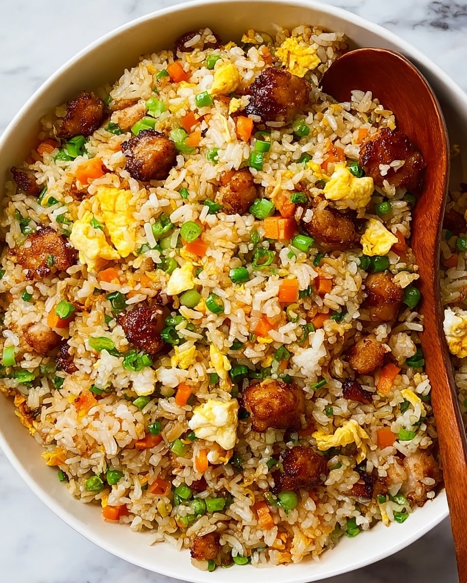 A white bowl filled with fried rice that has several layers mixed together: the base layer is light brown rice cooked and slightly oily, mixed evenly with small bright orange carrot cubes and green chopped spring onions scattered throughout. There are golden-yellow scrambled egg pieces dispersed on top of the rice, along with crispy browned chicken chunks that add texture and darker brown color spots. A wooden spoon rests inside the bowl on the right side. The bowl is placed on a white marbled surface. photo taken with an iphone --ar 4:5 --v 7