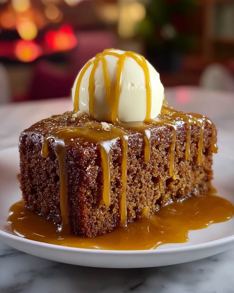 A thick slice of moist, dark brown cake with a slightly crumbly texture is placed on a white plate. The cake is topped with a shiny, golden caramel sauce that cascades down the sides in thick drips, pooling around the base. On top of the cake is a smooth, round scoop of white ice cream with lines of caramel sauce gently drizzled over it. The background shows a soft, blurred setting with hints of green and pink colors, all set on a white marbled surface. Photo taken with an iphone --ar 4:5 --v 7