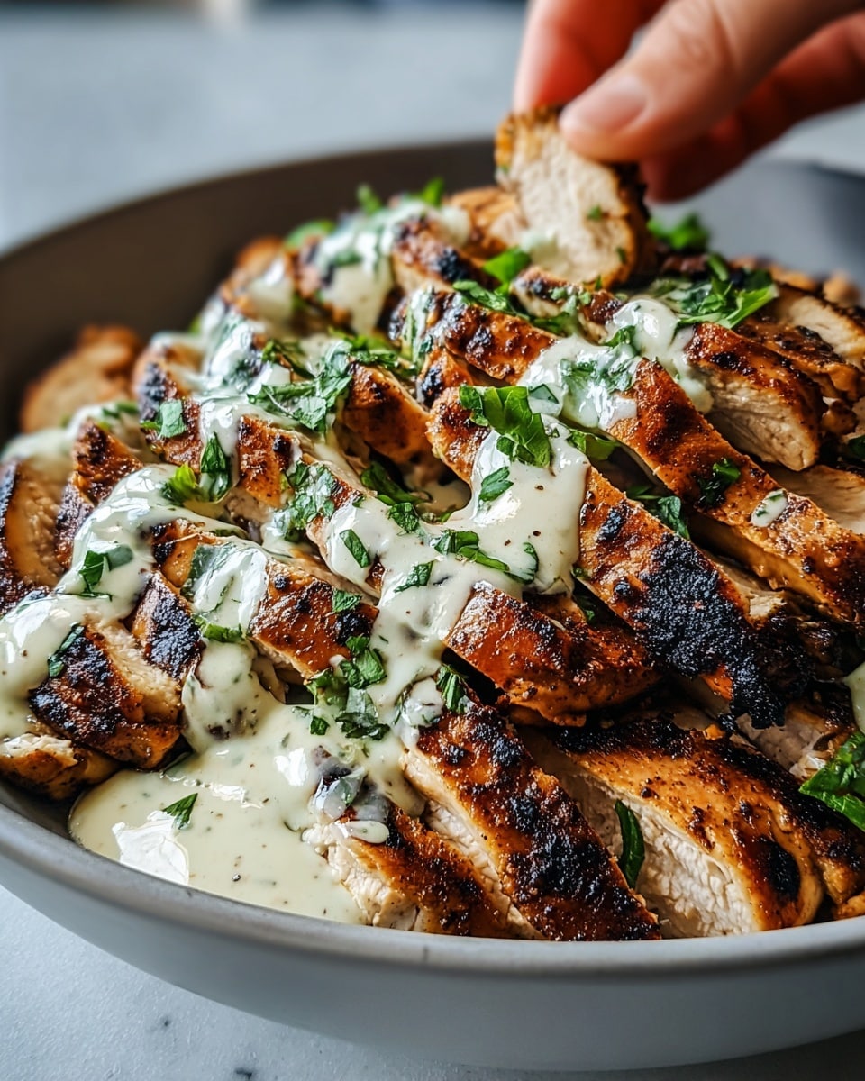 The dish shows many pieces of grilled chicken stacked in a white bowl, each piece cut into thick strips with a golden-brown charred surface. The top layer is covered with a creamy white sauce with visible herbs, drizzled unevenly over the chicken. Small green parsley leaves are scattered on top, adding a fresh color contrast. The chicken texture looks juicy and slightly crispy on the edges. The bowl is placed on a white marbled surface, and a woman's hand is seen gently holding some chicken in the background. Photo taken with an iphone --ar 4:5 --v 7