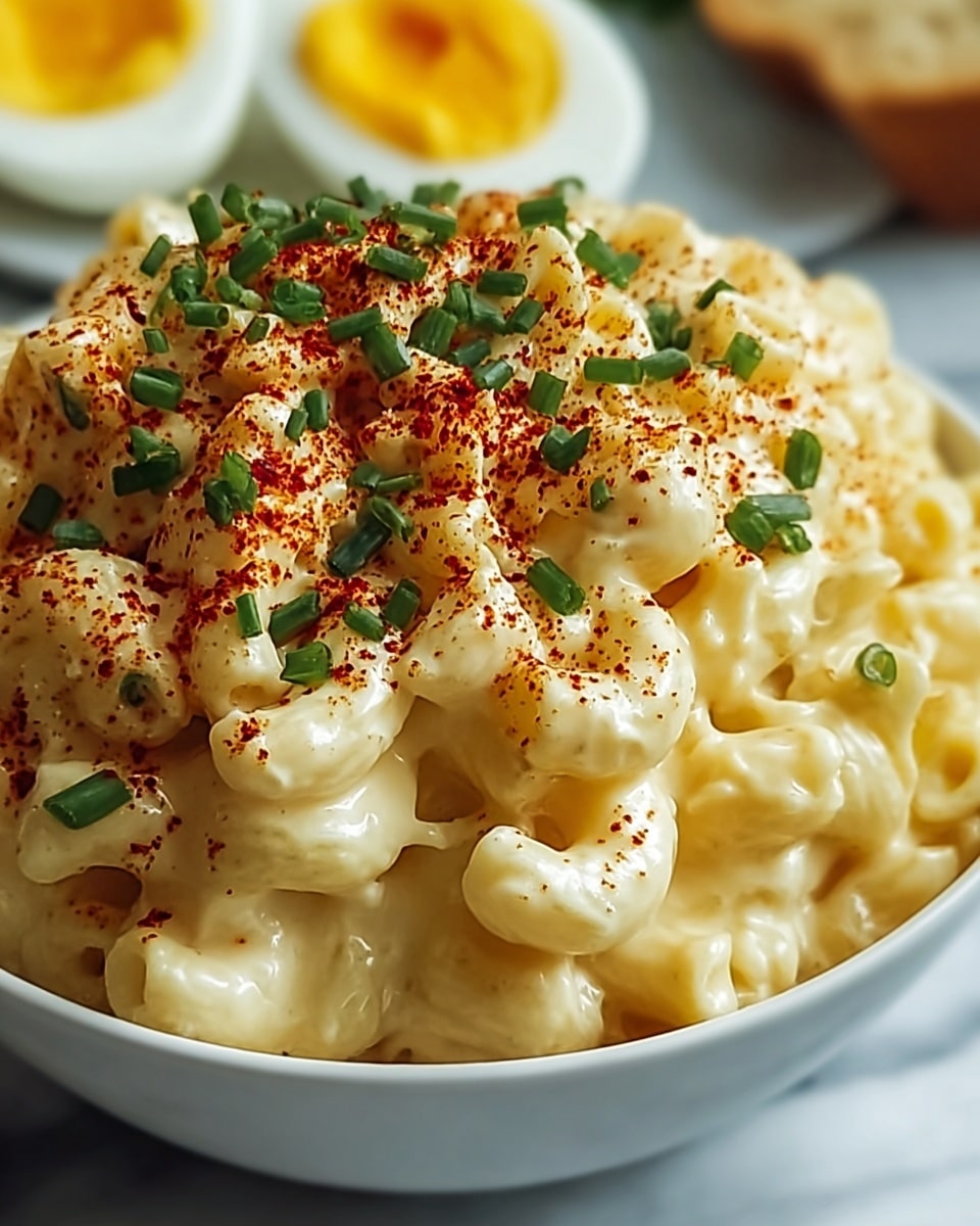 A close-up image of creamy macaroni and cheese piled high in a white bowl with small elbow macaroni covered in shiny, smooth yellow cheese sauce, topped with a single soft-boiled egg with a bright white shell and a slightly soft yellow yolk showing, sprinkled with red chili flakes and chopped green chives, all set against a white marbled texture. photo taken with an iphone --ar 4:5 --v 7