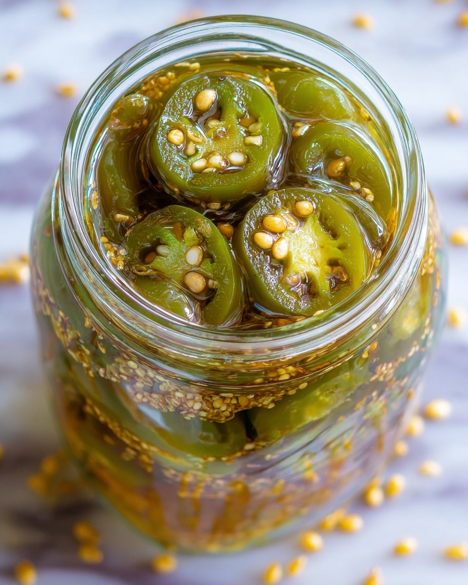 A clear glass jar filled with several visible layers of green jalapeño pepper slices soaked in a golden-yellow liquid, with many small yellow seeds floating both inside the jar and scattered near the jar’s rim. The top layer of jalapeño slices is thick and glossy, showing their soft, pickled texture, while the jar rests on a white marbled surface. The green jalapeños have varied shades of darker and lighter green with a shiny, wet look, and the seeds add small pops of yellow color throughout the image. Photo taken with an iphone --ar 4:5 --v 7