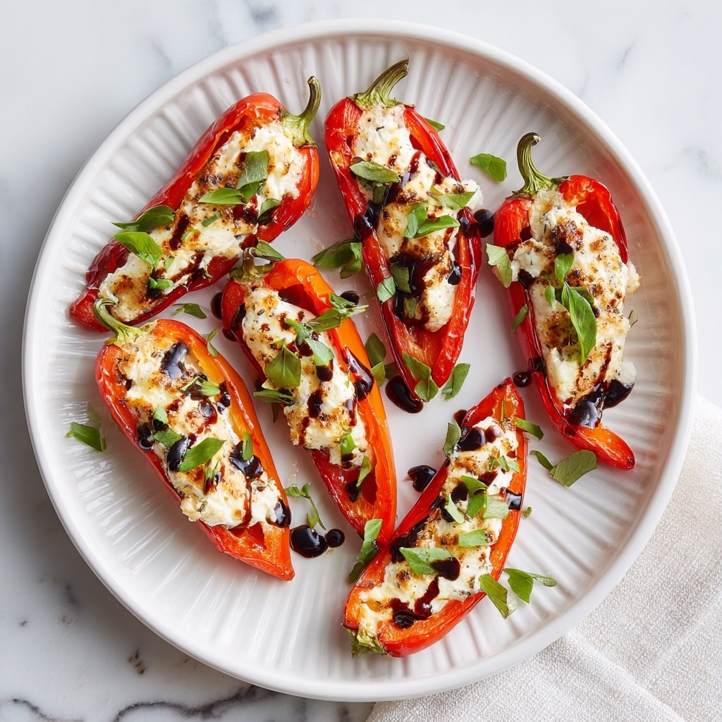 A white round plate with ridged edges holds a single layer of mini red and orange peppers cut in half lengthwise, each stuffed with a creamy white cheese filling spread smoothly inside the pepper shells. The cheese is lightly browned in spots, with dark balsamic glaze drizzled over it in thin, uneven lines. Small green herb leaves are scattered on top of each pepper, adding a fresh touch. The plate sits on a white marbled texture, with part of a white cloth visible at the bottom right corner. photo taken with an iphone --ar 4:5 --v 7