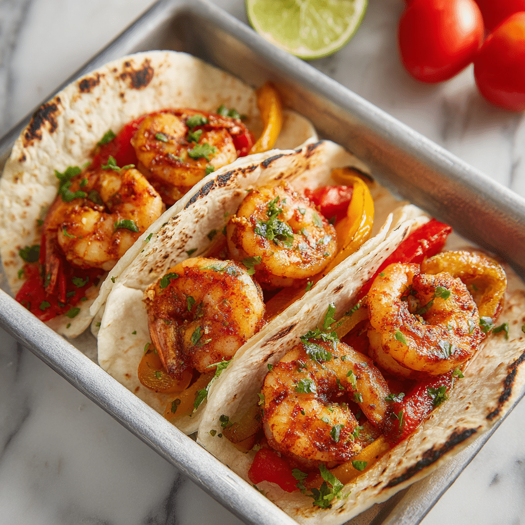 A close-up image shows three small white tortillas with charred edges arranged side by side in a shallow silver tray on a white marbled surface. Each tortilla is filled with three to four large, juicy cooked shrimp that have a reddish-orange cooked color and are garnished with small green herb bits. Under the shrimp, there are slices of red and yellow bell peppers, adding a bright color contrast. In the background, some fresh red tomatoes and a lime wedge are slightly blurred, adding extra context to the fresh ingredients used. The scene feels warm and appetizing, with a neat and colorful presentation. photo taken with an iphone --ar 4:5 --v 7